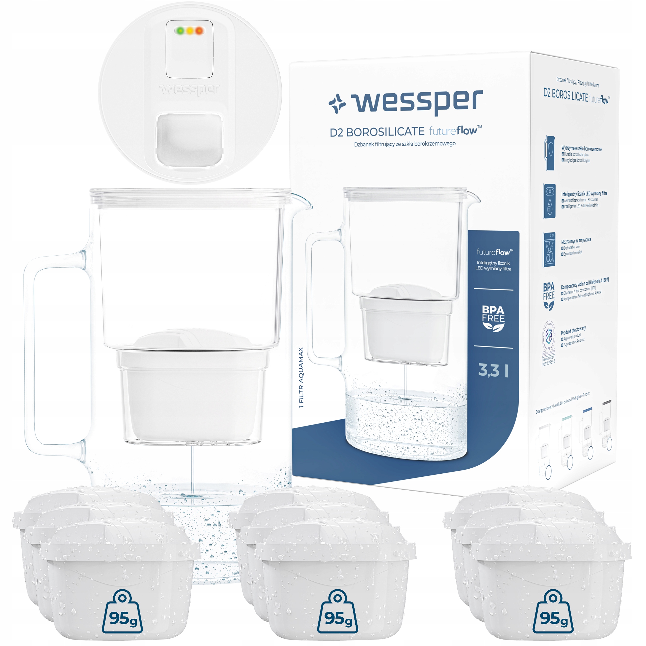 Dzbanek filtrujący Wessper FutureFlow Aquamax LED 3l + 10x Filtr do wody