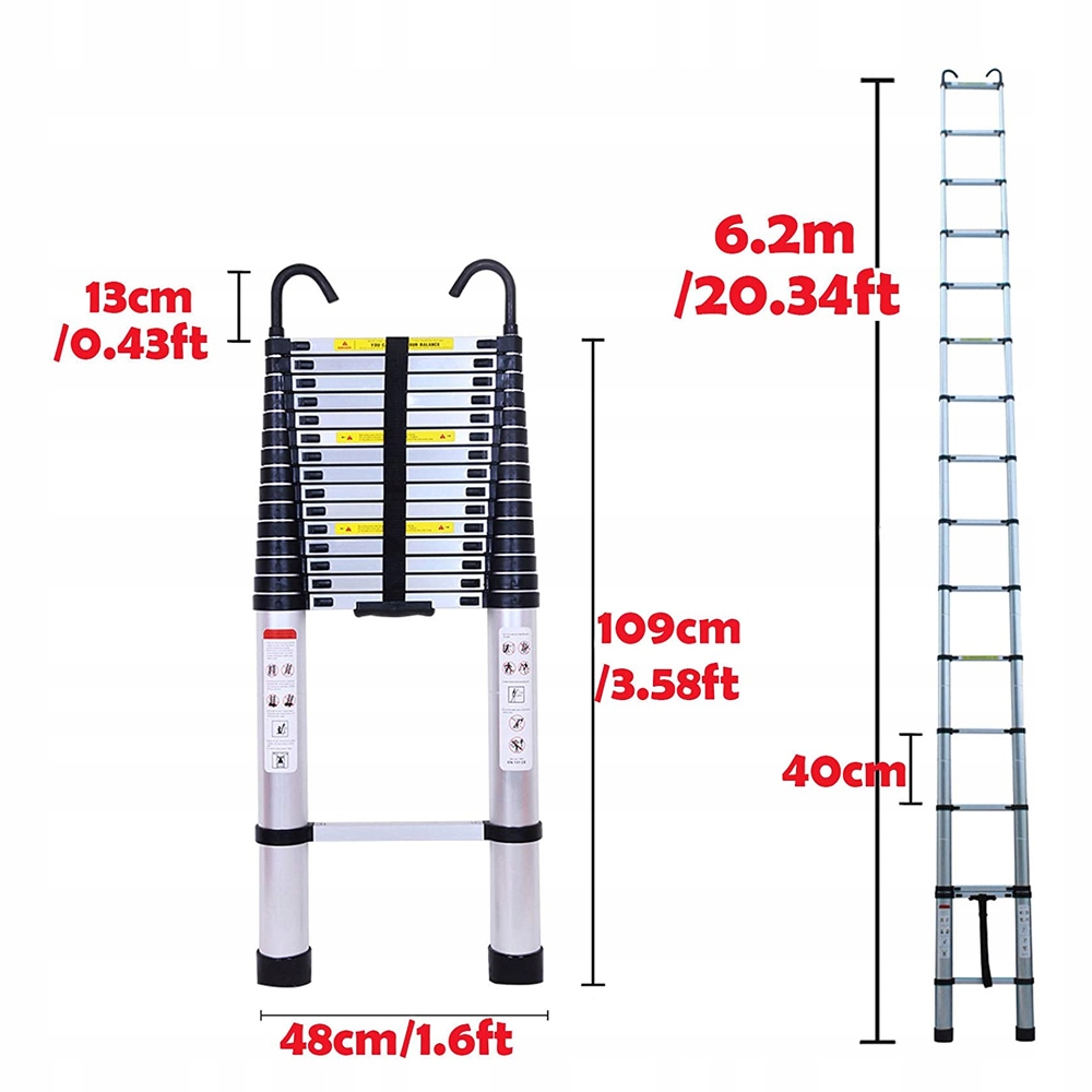 DRABINA ALUMINIOWA TELESKOPOWA przystawna do 6,2m WIELOFUNKCYJNA MOCNA+ HAK Materiał aluminium