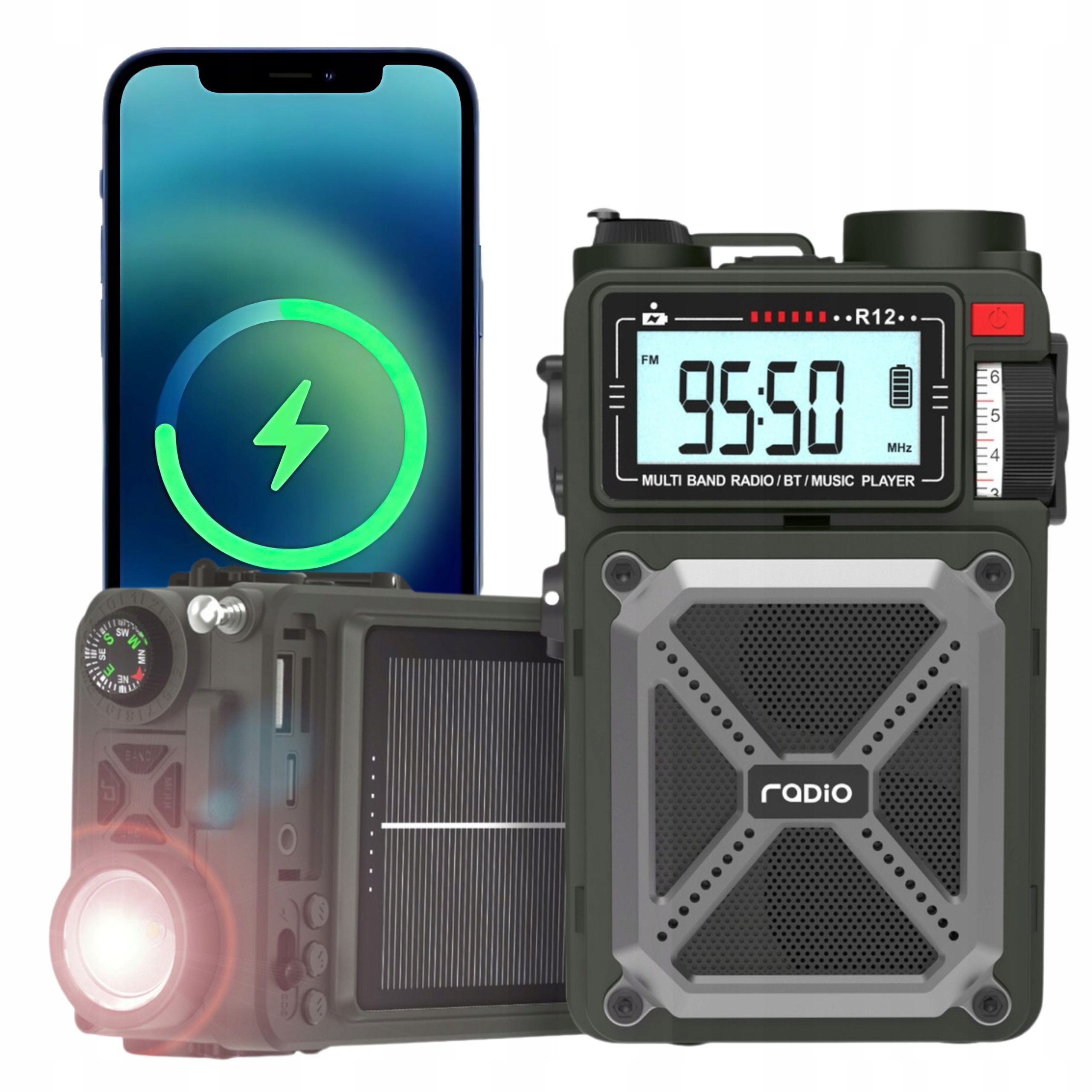 Radio przenośne awaryjne Jb Tacticals zielone z alarmem Sos i Bluetooth