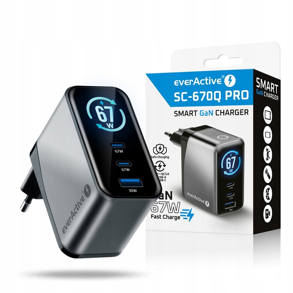 Síťová nabíječka GaN LCD displej everActive SC-670Q Pro Usb-c Usb 67W