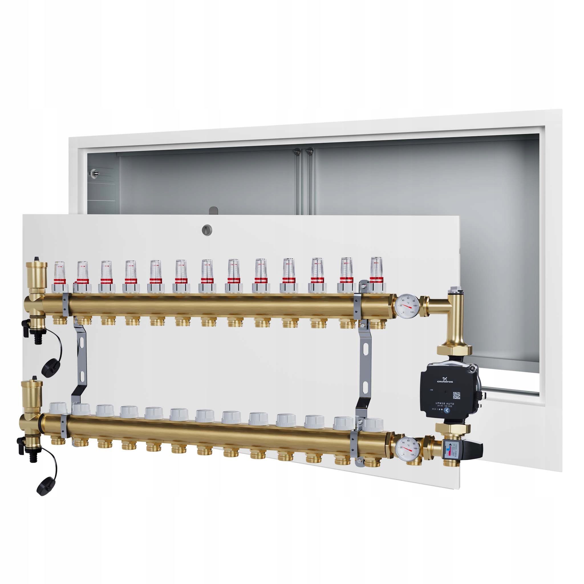 Rozdělovač pro podlahovku 13 s čerpací skupinou Grundfos podomítková skříňka