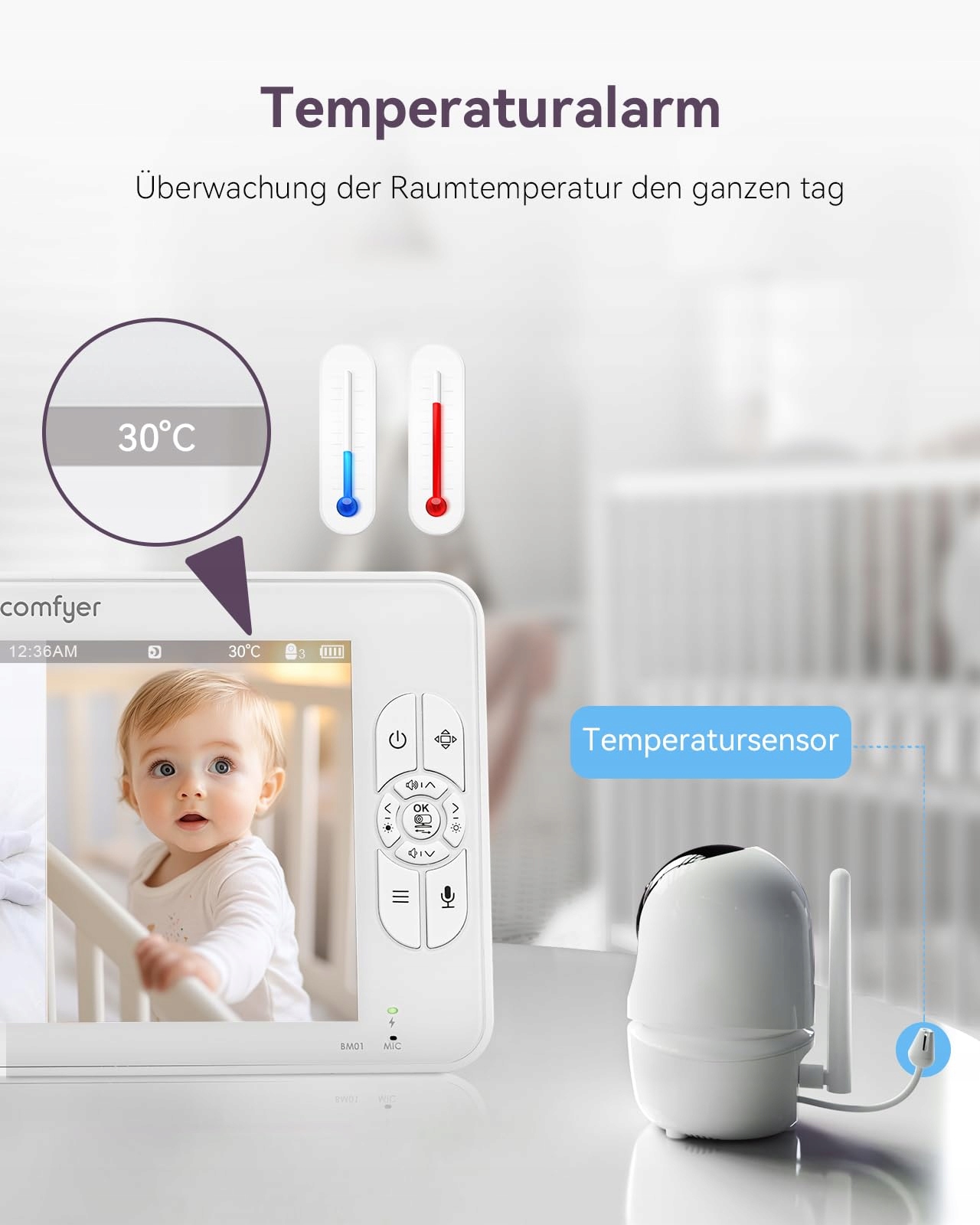 COMFYER Niania Elektroniczna 7" HD 720P 2 Kamery IR Nocny Tryb Vox Audio — miniatura 9