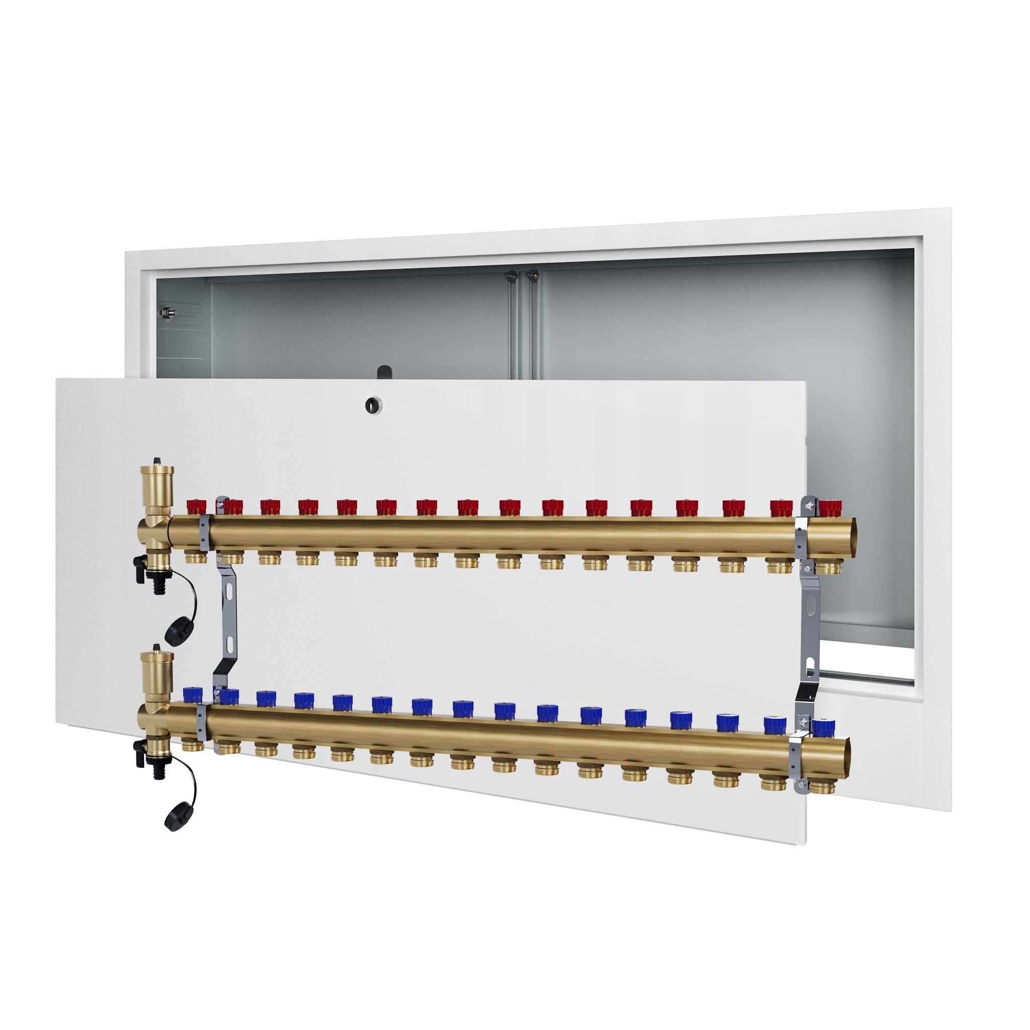 Manuální rozdělovač 16 okruhů pro radiátorové vytápění podomítková skříňka