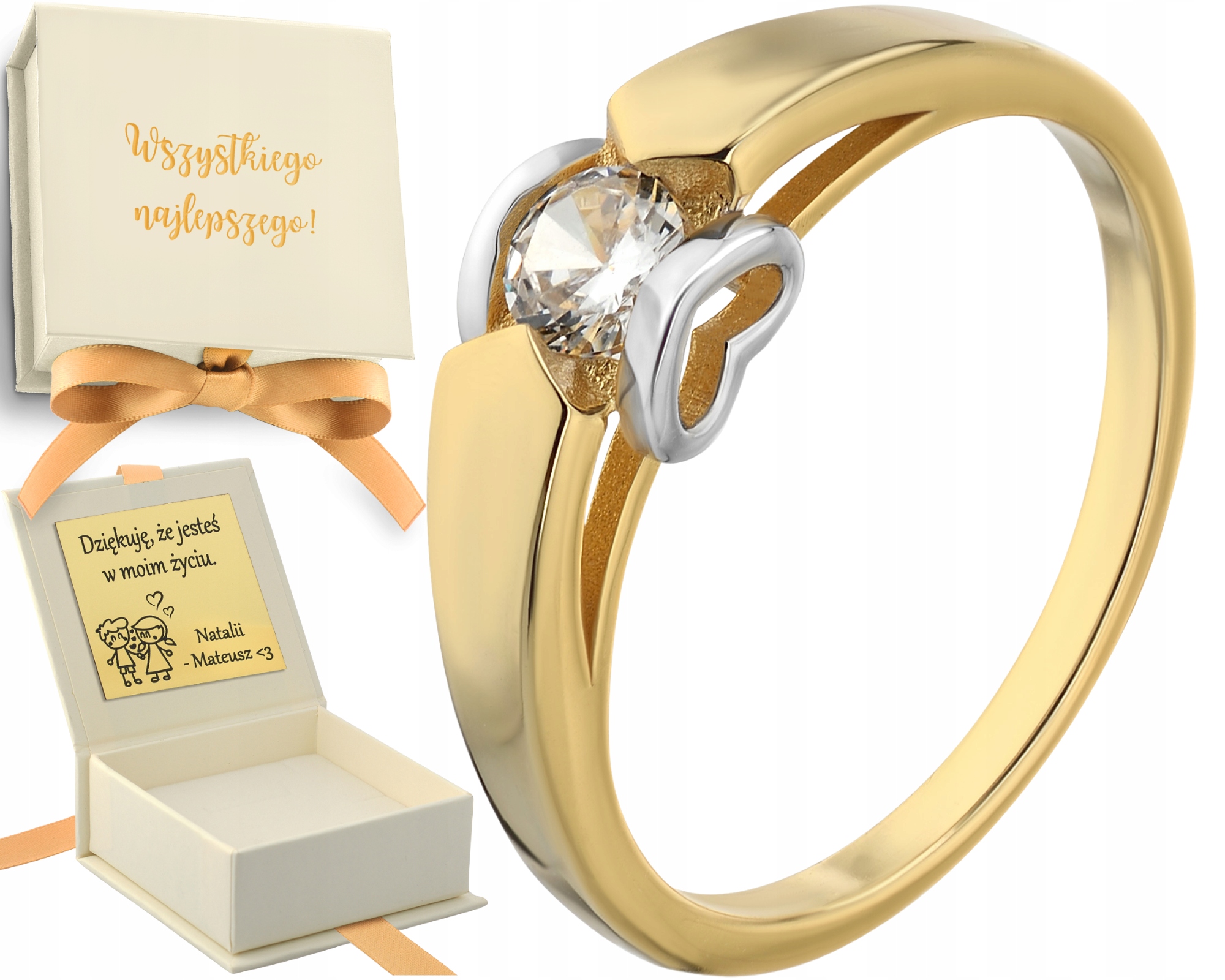 Zlatý prsten s Zirkon a srdcem Stříbro 925 Masivní Elegantní Dárek