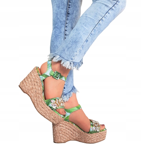 

Zielone Boho Buty Plecione Koturny Kryształki 38