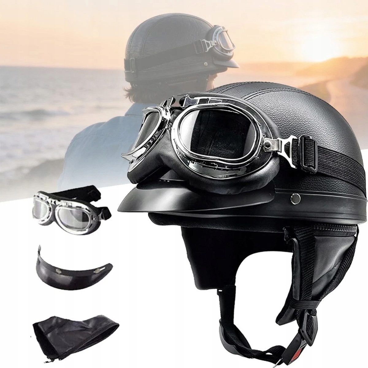 Kask Motocyklowy Hełm Czarny Gogle Retro Chopper Weteran