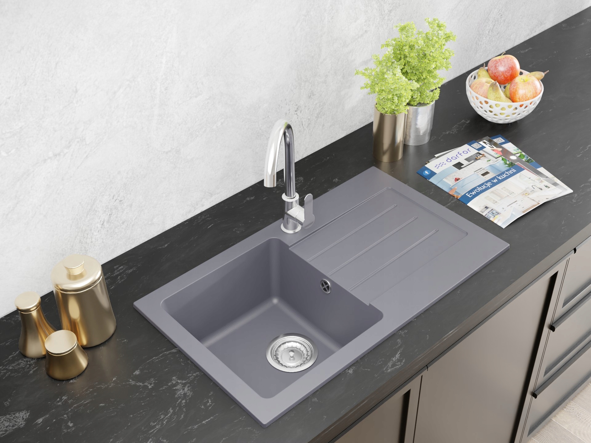 ZLEWOZMYWAK GRANITOWY JEDNOKOMOROWY Z OCIEKACZEM GRAFIT CIEMNY SZARY Marka DARFOR