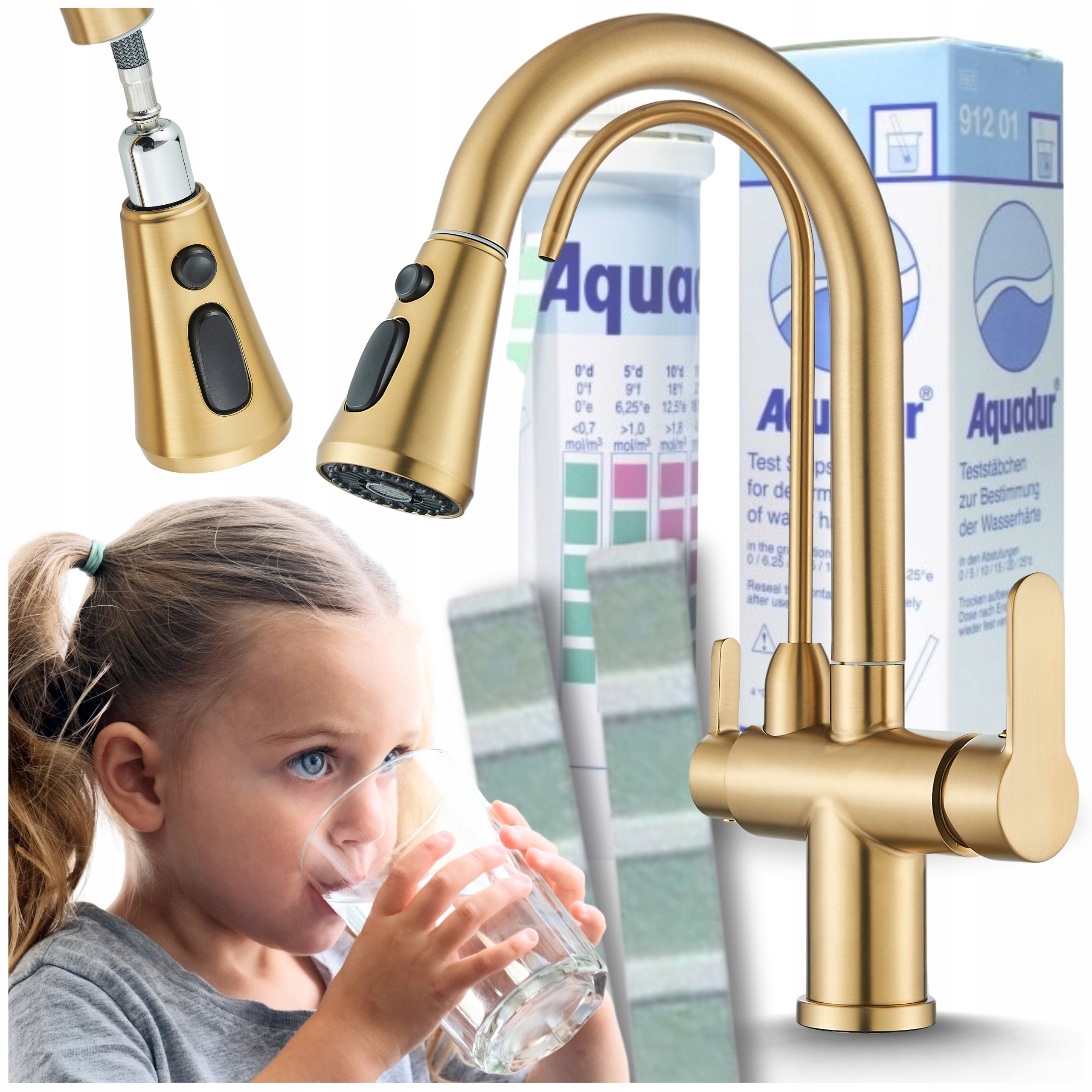 Kuchynská Batéria s výsuvným výtokom Kohútik do kuchyne Trojcestná Zlatý filter