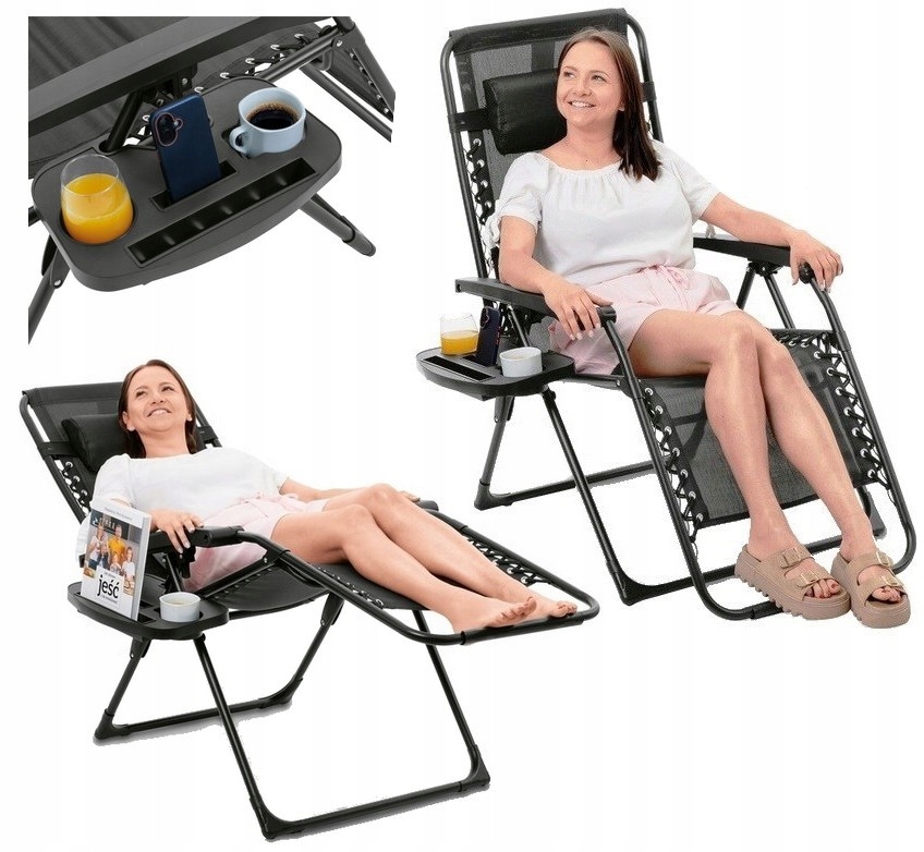 Leżak Ogrodowy Plażowy Grawitacyjny ze Stolikiem Tadar Black 63x160x80