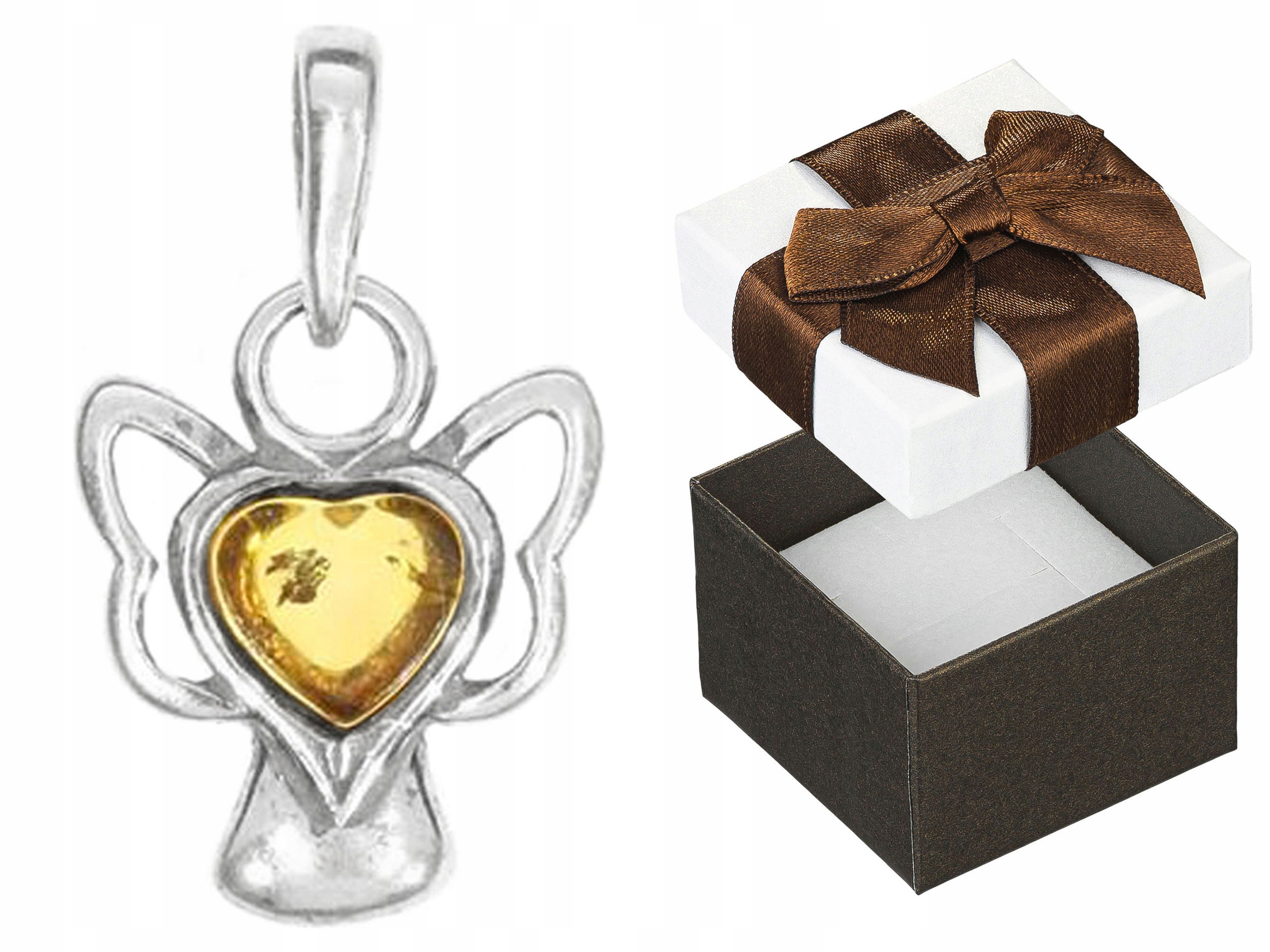 Stříbrný přívěsek Anděl s jantarem Oxidovaný Přívěsek Anděl Srdce 925