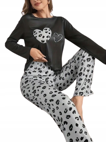 Šedé Pyžamo Panterka Srdce Dlouhý Rukáv Dlouhé Kalhoty S Puntíky