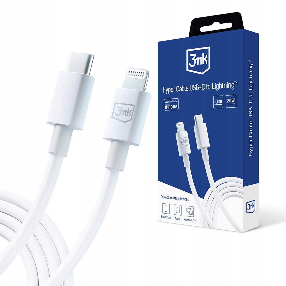Biały Kabel USB-C to Lightning 20W 5A 1.2m - 3mk Hyper Cable White
