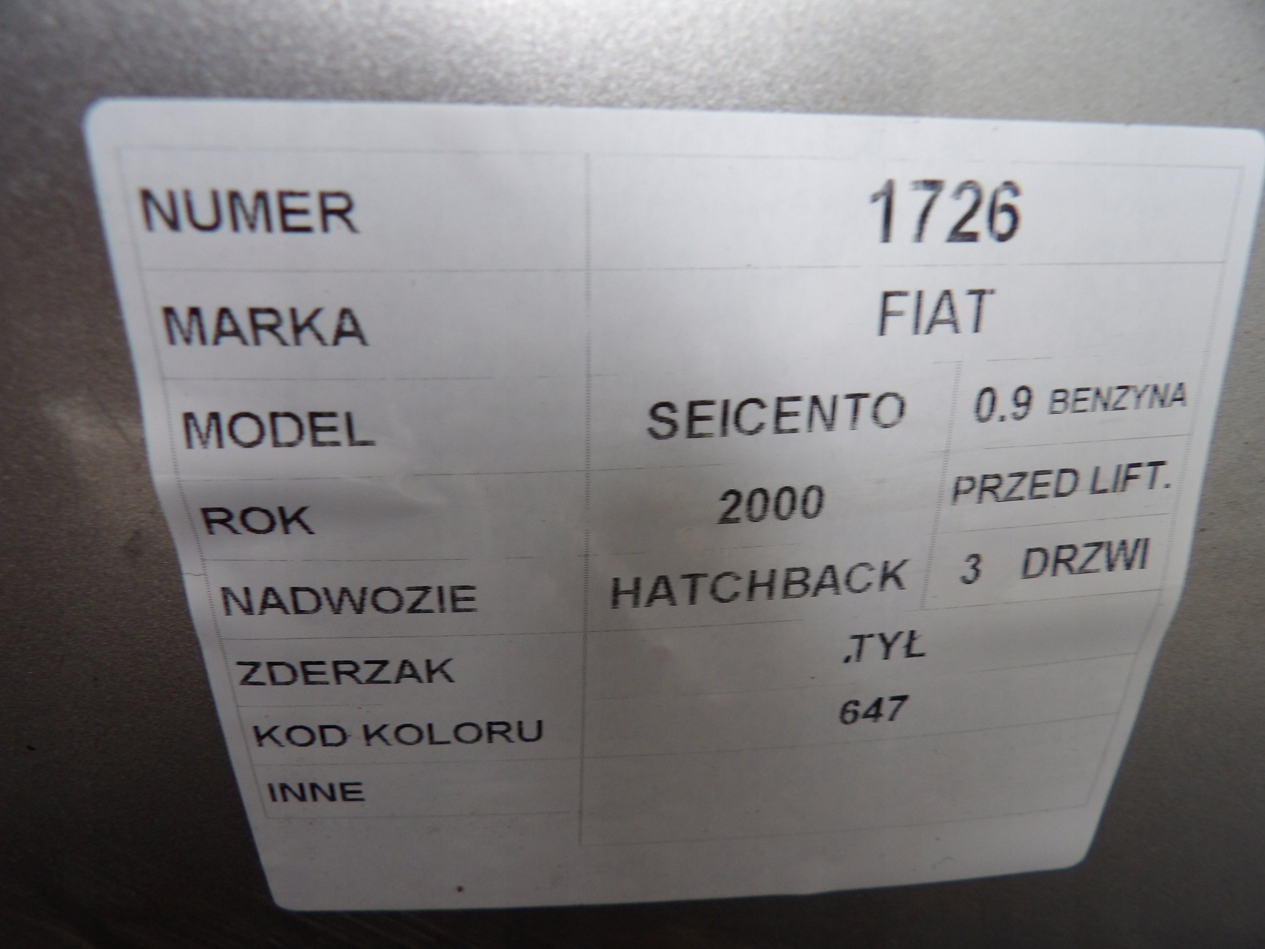 Fiat Seicento bumper rear part lak. 647 HB 3D