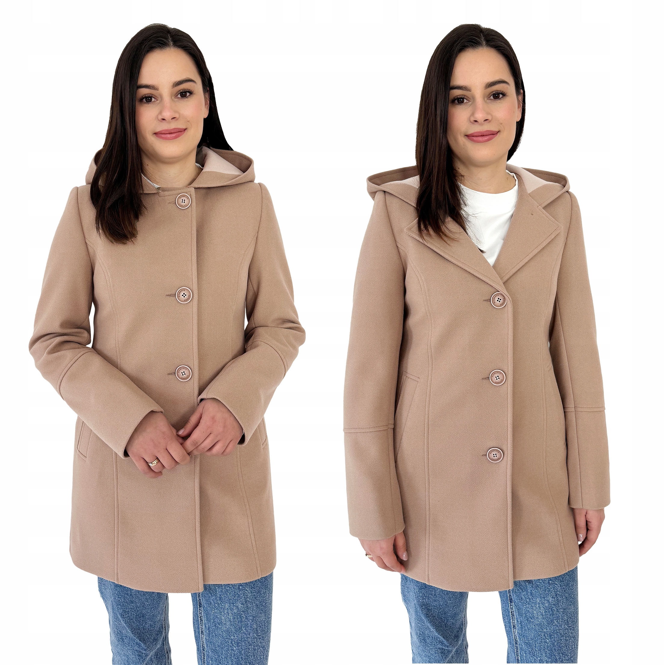 Dámský jarní kabát s kapucí a vlnou, zapínání na knoflíky Béžová 42