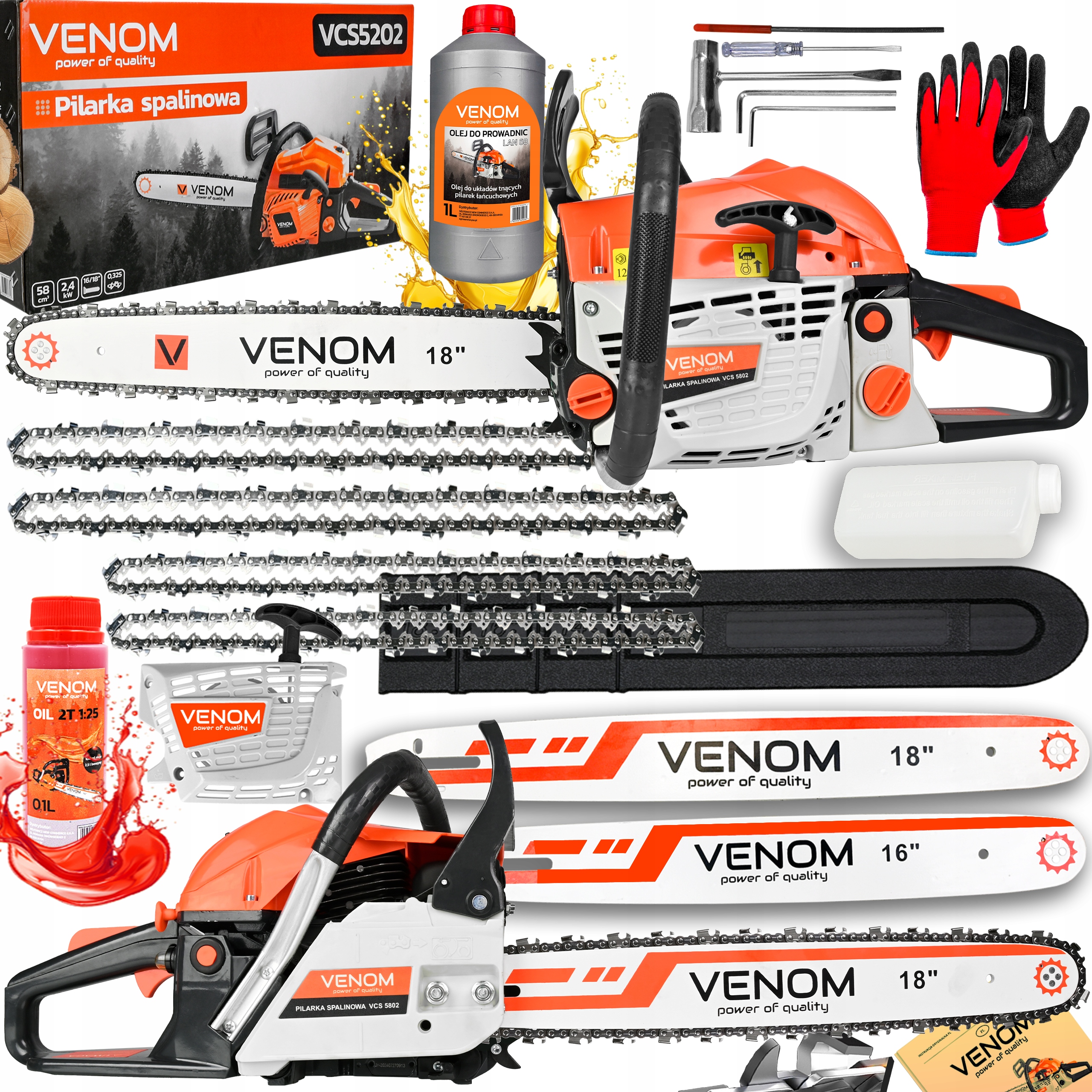 Piła Spalinowa Pilarka Łańcuchowa 58CC 4xŁAŃCUCH 2xPROWADNICE 16' 18'