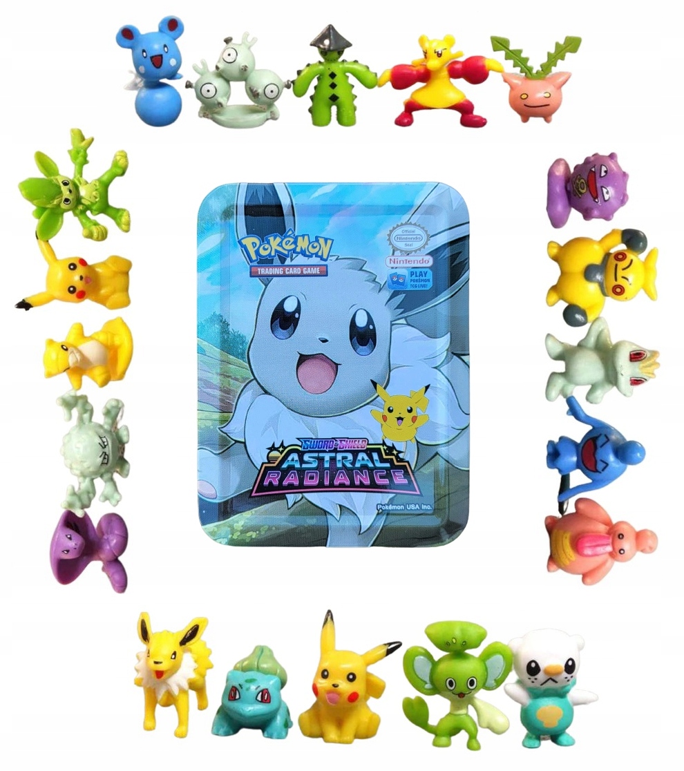 KARTY POKEMON METALOWA PUSZKA 40 KART + FIGURKI POKEMON 24 SZTUKI