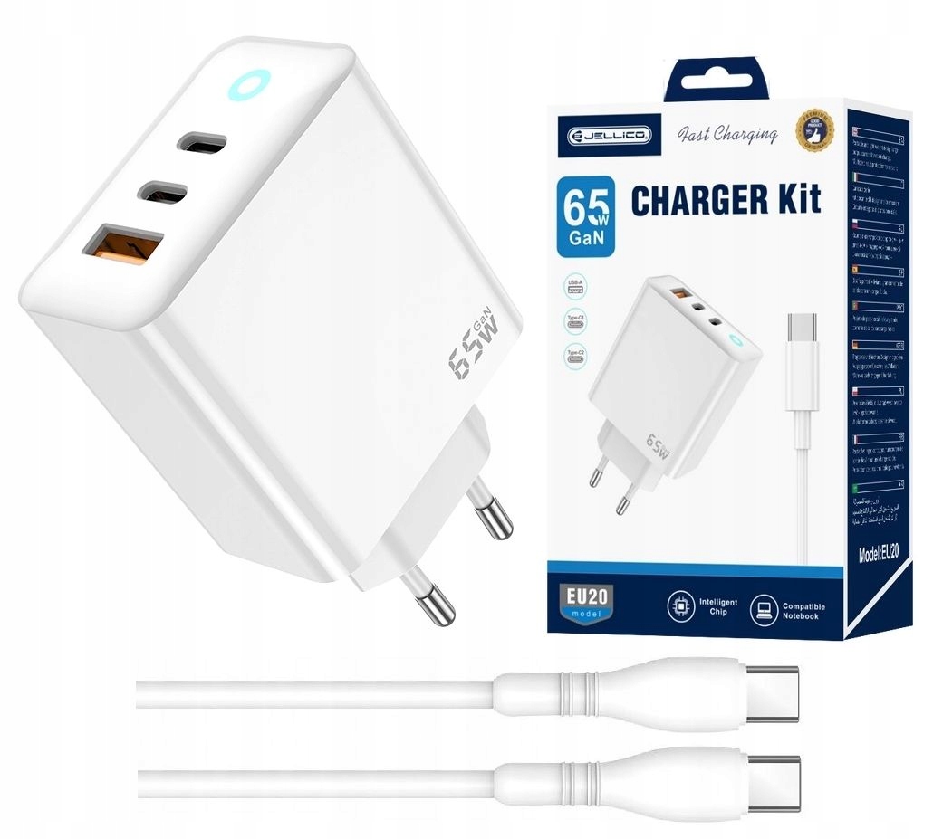 Zestaw Ładowarka 2 x Usb typ C 1 x Usb z Kablem Usb C Pd 65W GaN Qc