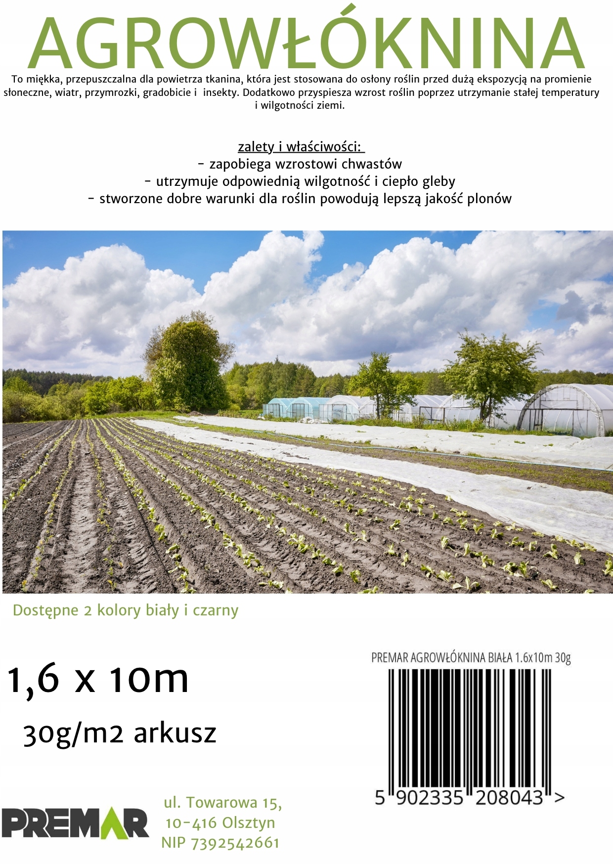 AGROWŁÓKNINA OTULINA OKRYCIOWA WIOSNA/ZIMA BIAŁA 1,6X10m 30g/m2 Producent Premar