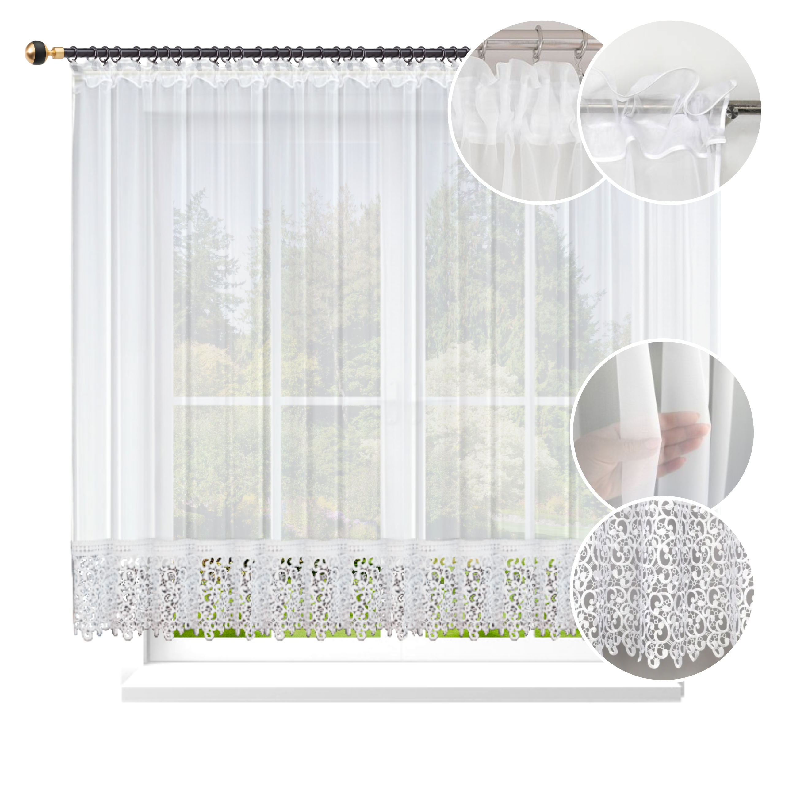 Firana Gotowa 140X500 Z Gipiurą 20CM Dekoracyjna Koronka Biała Salon Pokój