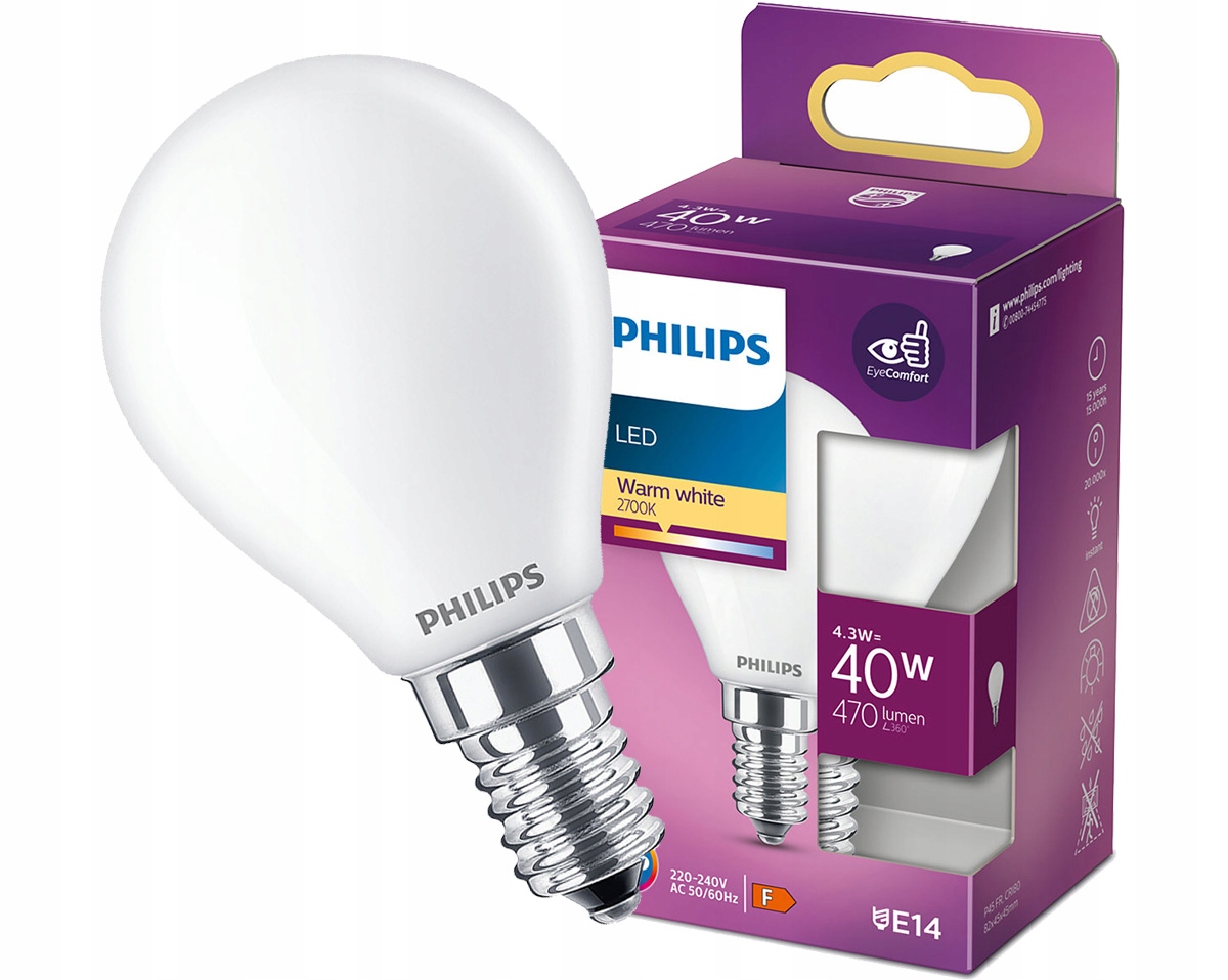 

Żarówka Led E14 Kulka 4,3W=40W 470lm 2700K Philips