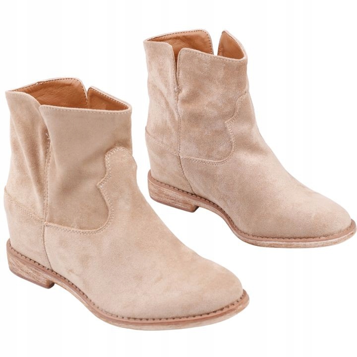 BOTKI DAMSKIE OCIEPLANE NA UKRYTYM KOTURNIE WSUWANE BEŻOWE LEKKIE WYGODNE