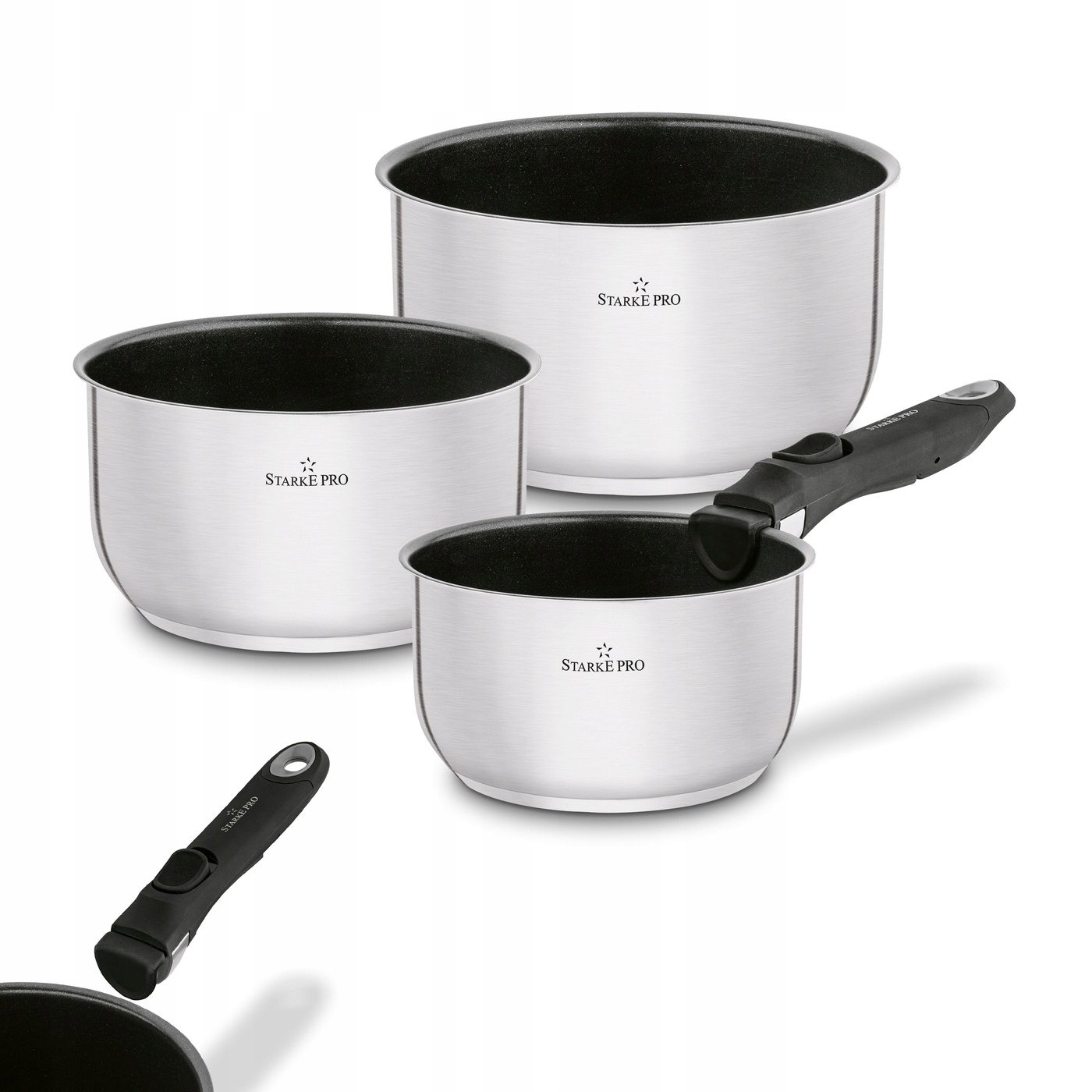 Sada 4 Kusů Hrnec Jednoduchý Ocel Nerezová Odnímatelná Rukojeť Indukce Plyn