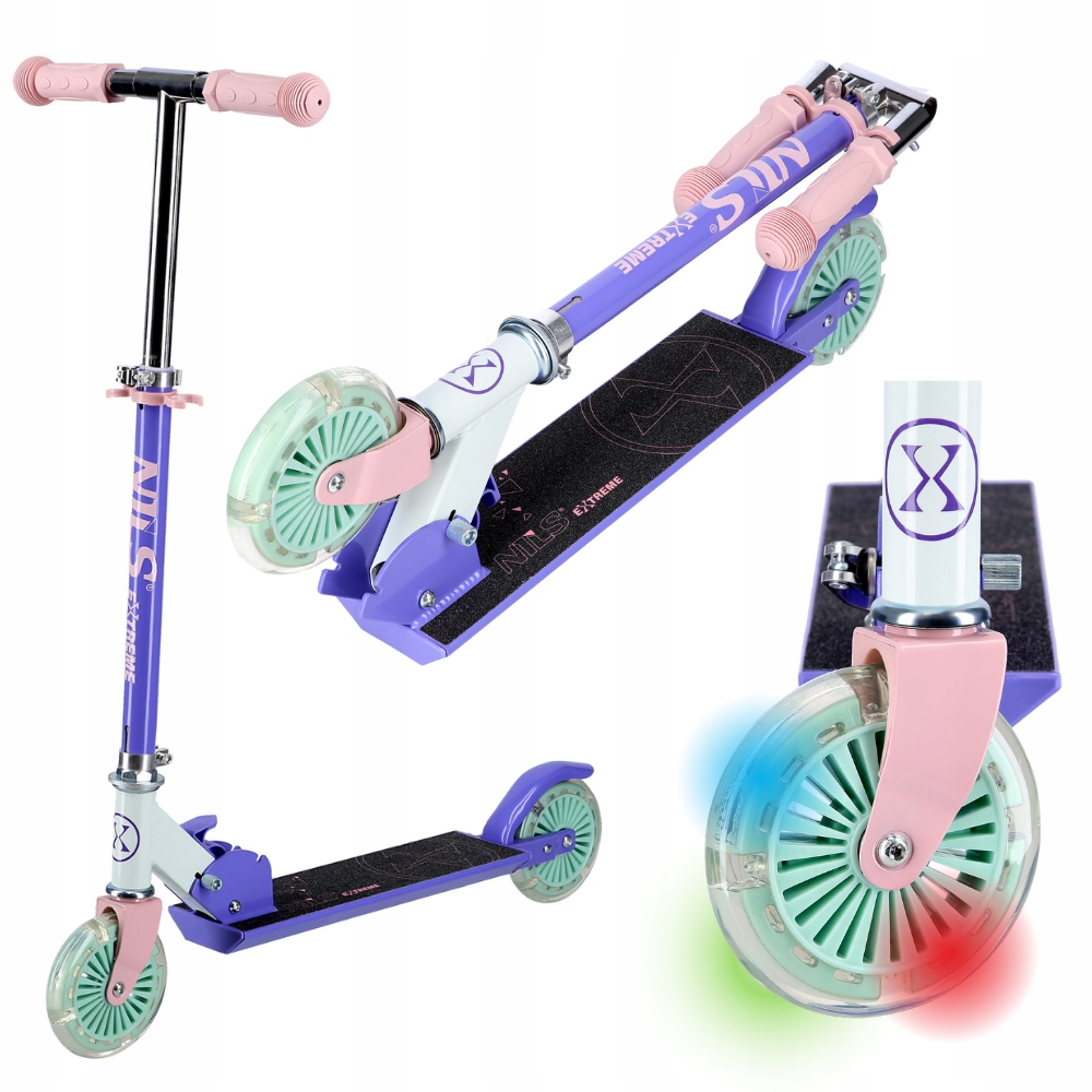 Skládací dětská dvoukolová koloběžka s nastavitelnou svítícími koly 120 mm Led