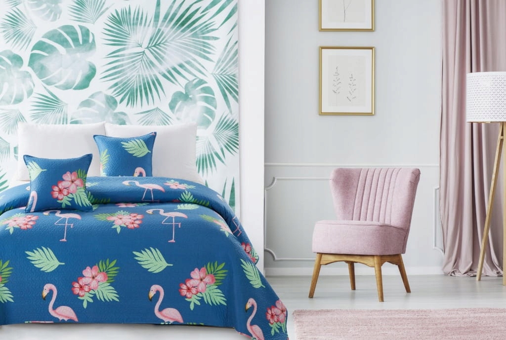 Dekorativní přehoz Plameňáci 220x240 prošívaná modro-růžovými plameňáci