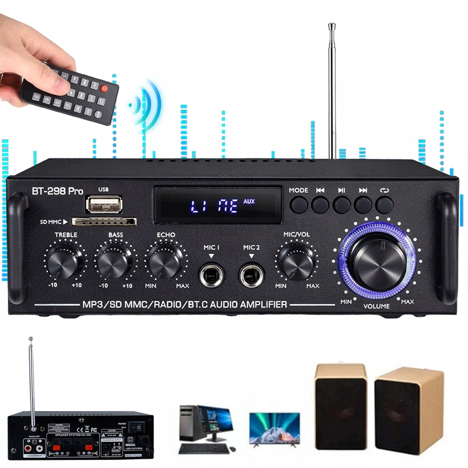 Audio Zesilovač BT-298PRO 50W+50W Bluetooth 5.0 Aux Sd Karaoke Černý
