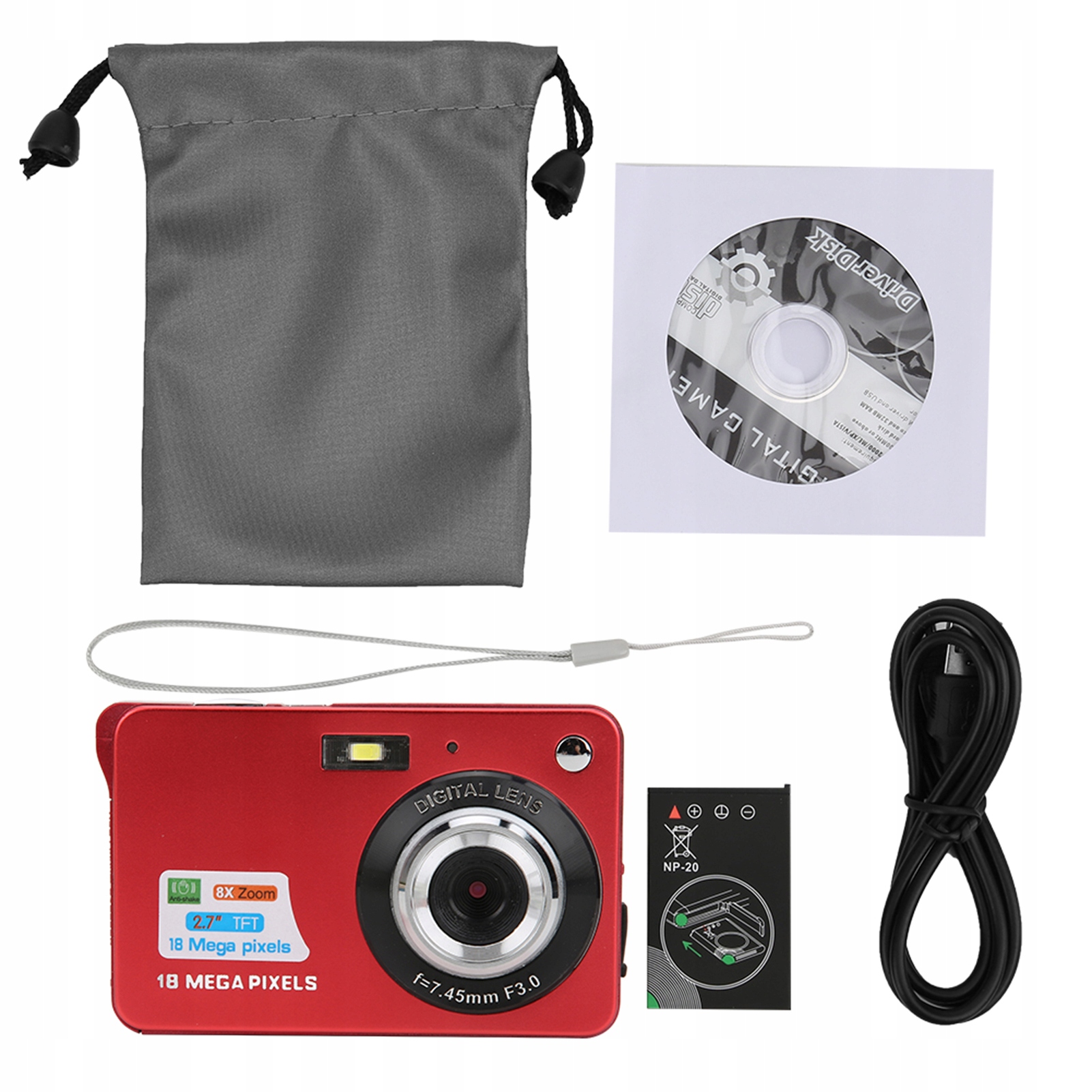 Digitální Fotoaparát Kamera 5MP 8xZOOM LCD Tft Sd 32GB Cmos Smyčka Červená Sada