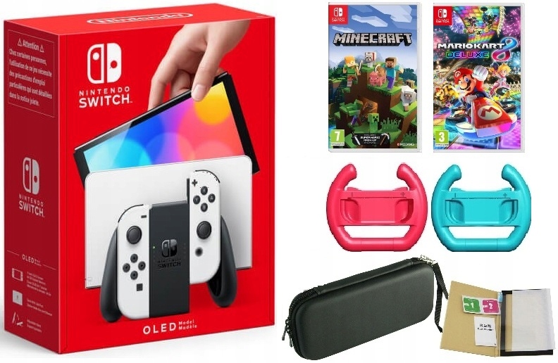 Nintendo Switch Oled Biała Mario Kart 8 Etui Szkło Kierownice