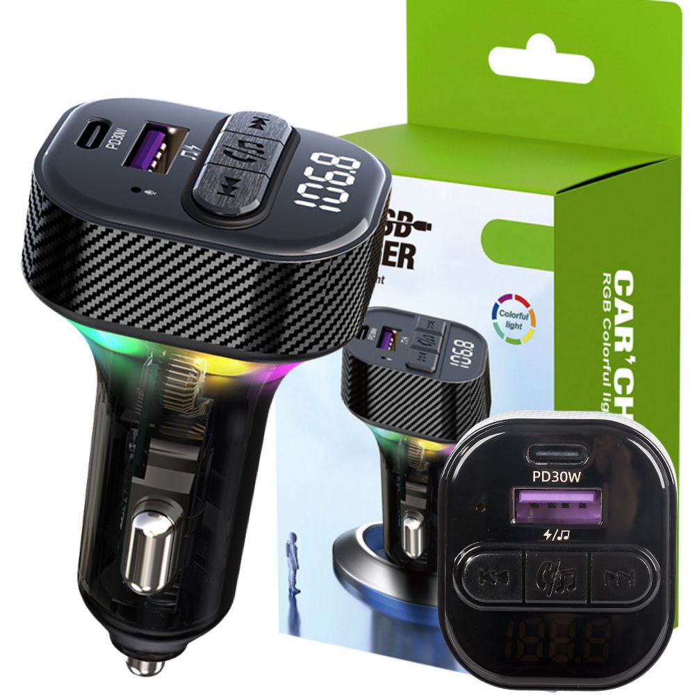 AUTOMOBILOVÝ VYSÍLAČ FM MP3/WMA USB A+USB C 30W BLUETOOTH 5.3 LED QC 3.0