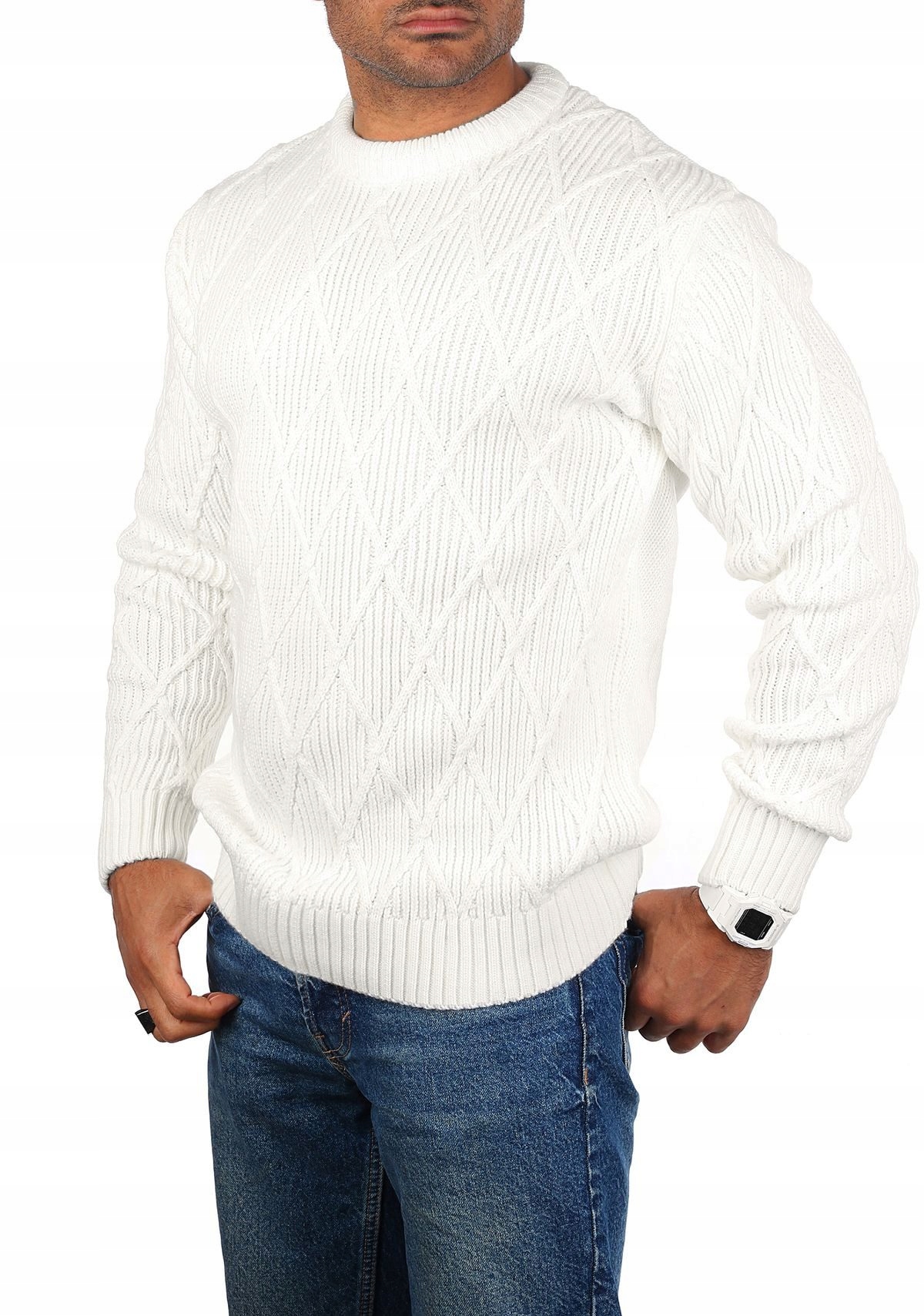 Pánský svetr Elegantní Tlustý Teplý Romby Ecru XL