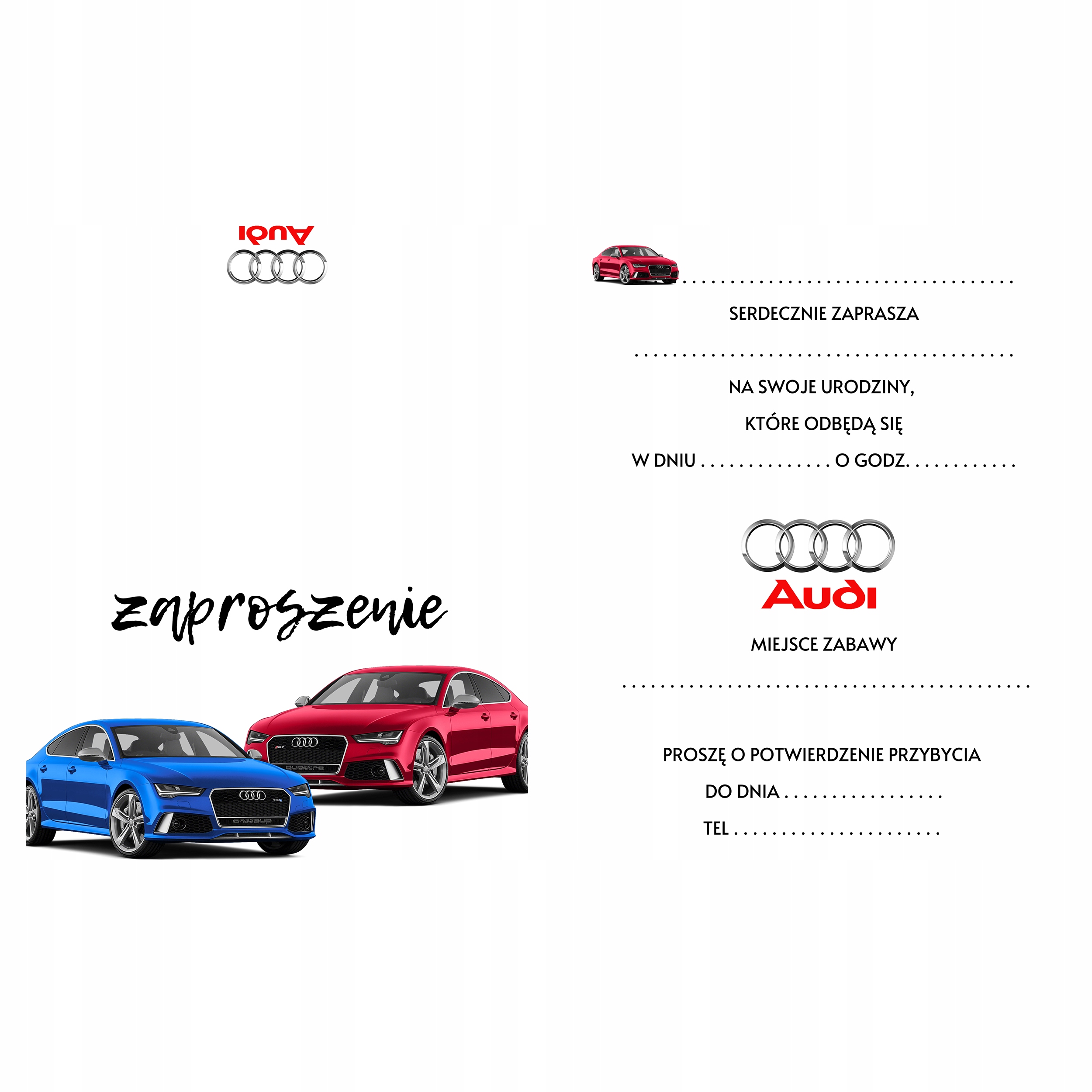 ZAPROSZENIE AUDI AUTA SAMOCHODY ZAPROSZANIA URODZINOWE 20x15 cm Marka inna