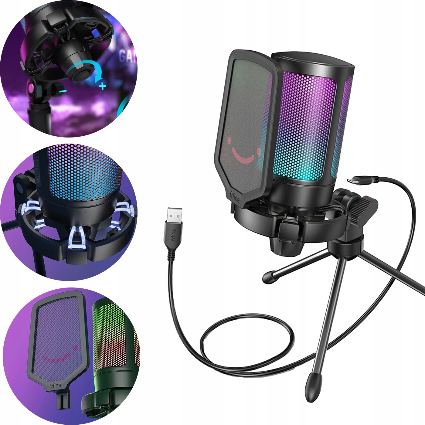 Usb herný mikrofón Pc PS5 Kardioida Rgb Filter Stlmenie zvuku Live Studio