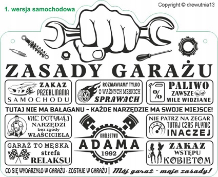 DUŻA tablica ZASADY GARAŻU prezent grawer Marka inna