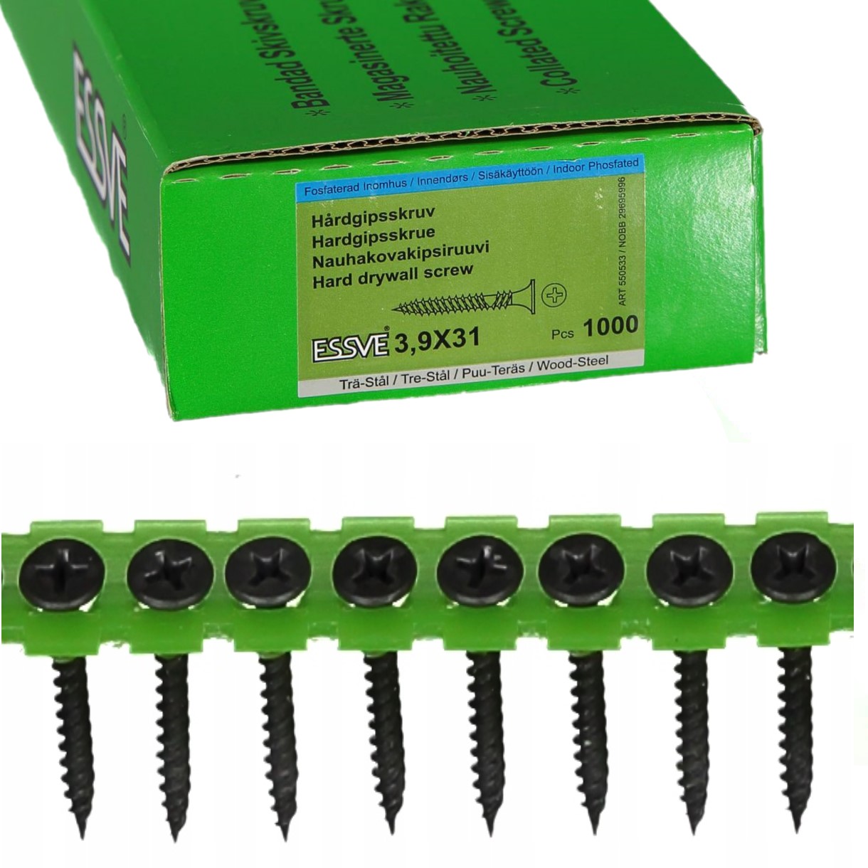 Wkręty Na Taśmie Do Płyt Gk Metal/drewno Utwardzane 3,9x31mm Essve 1000szt
