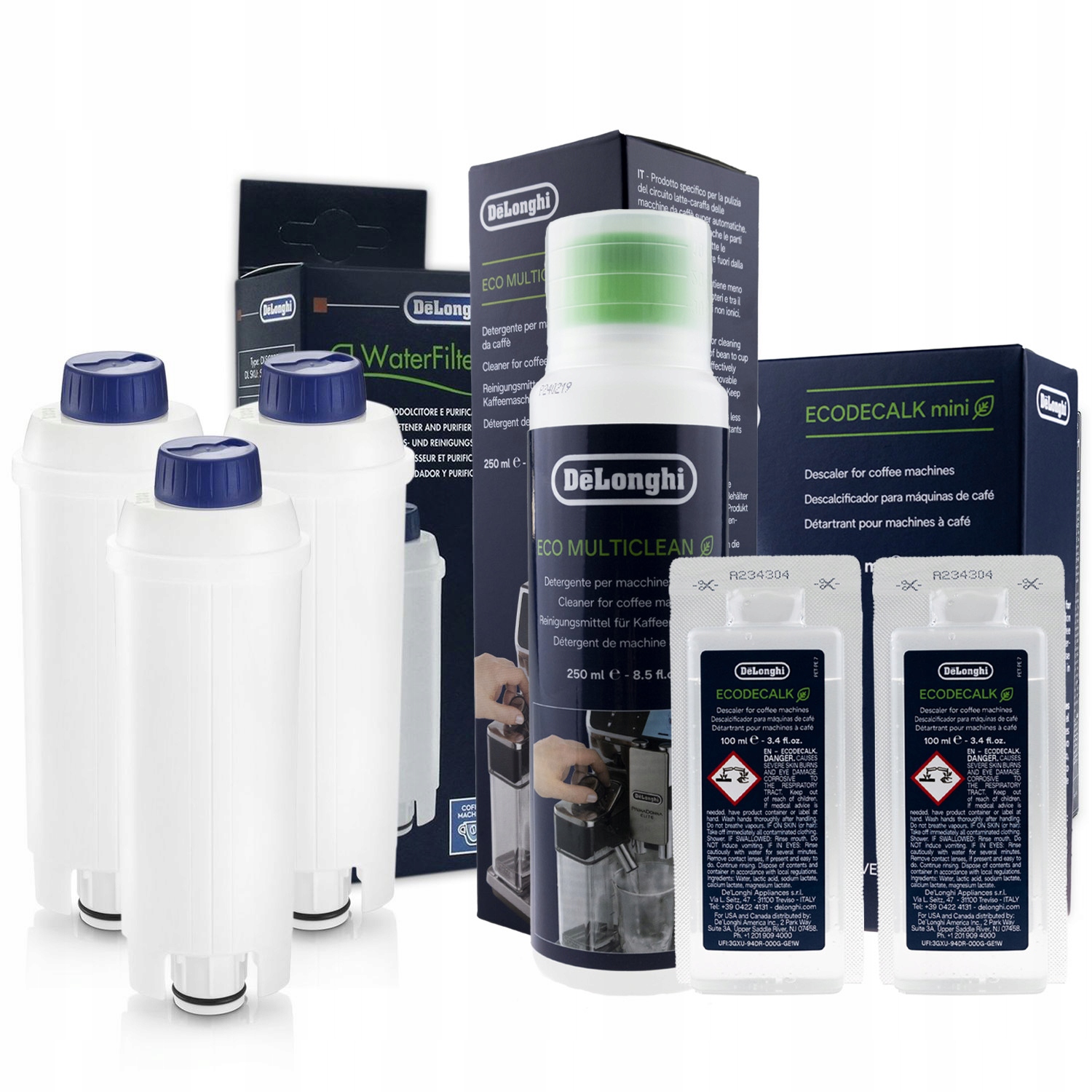 Zestaw Do Delonghi, Filtr DLSC002 3szt, EcoDecalk 200ml, Płyn SER3013 250ml