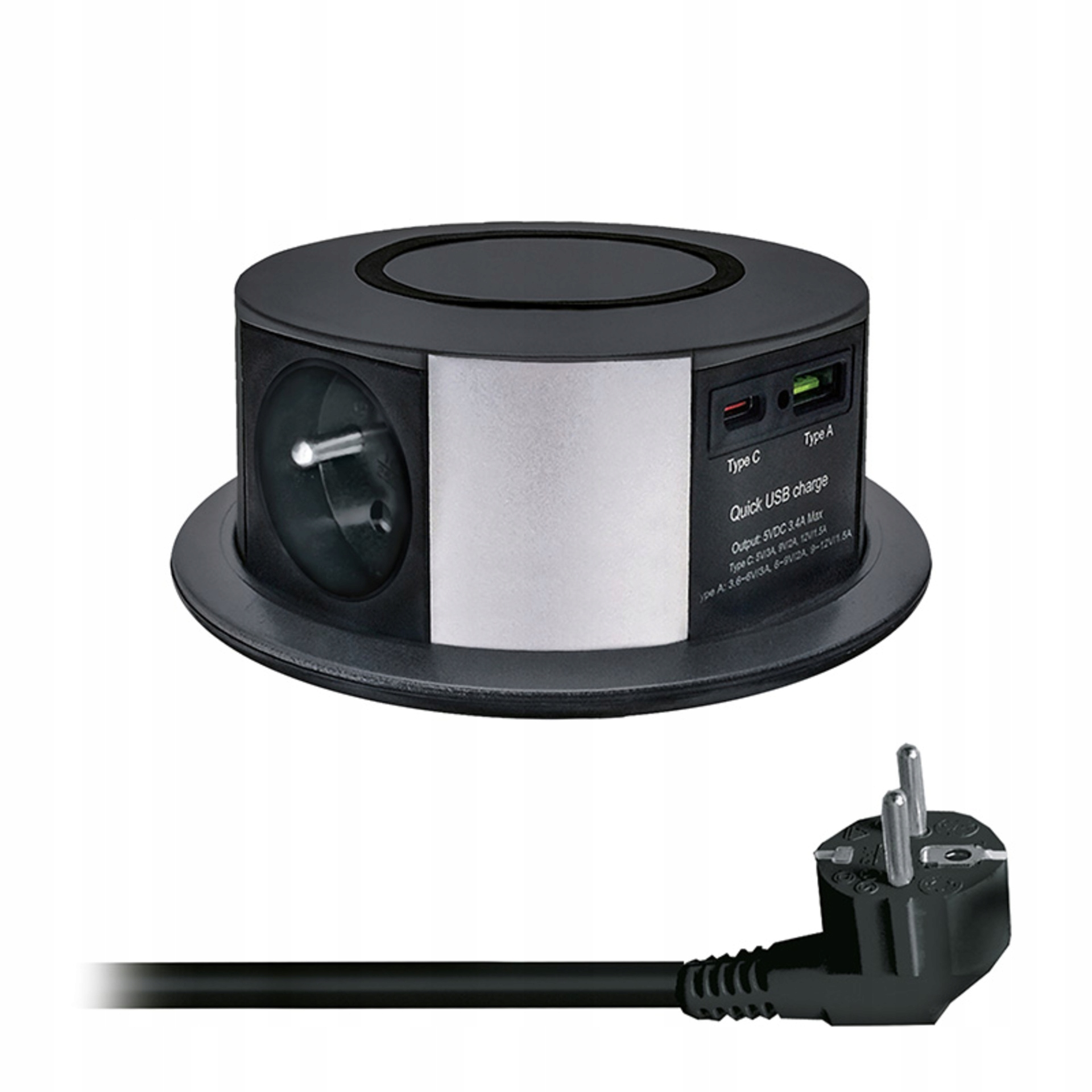 Solight výsuvný blok zásuviek 3x230V, Usb A C Pd 20W, Qi 10W, čierny, 2m