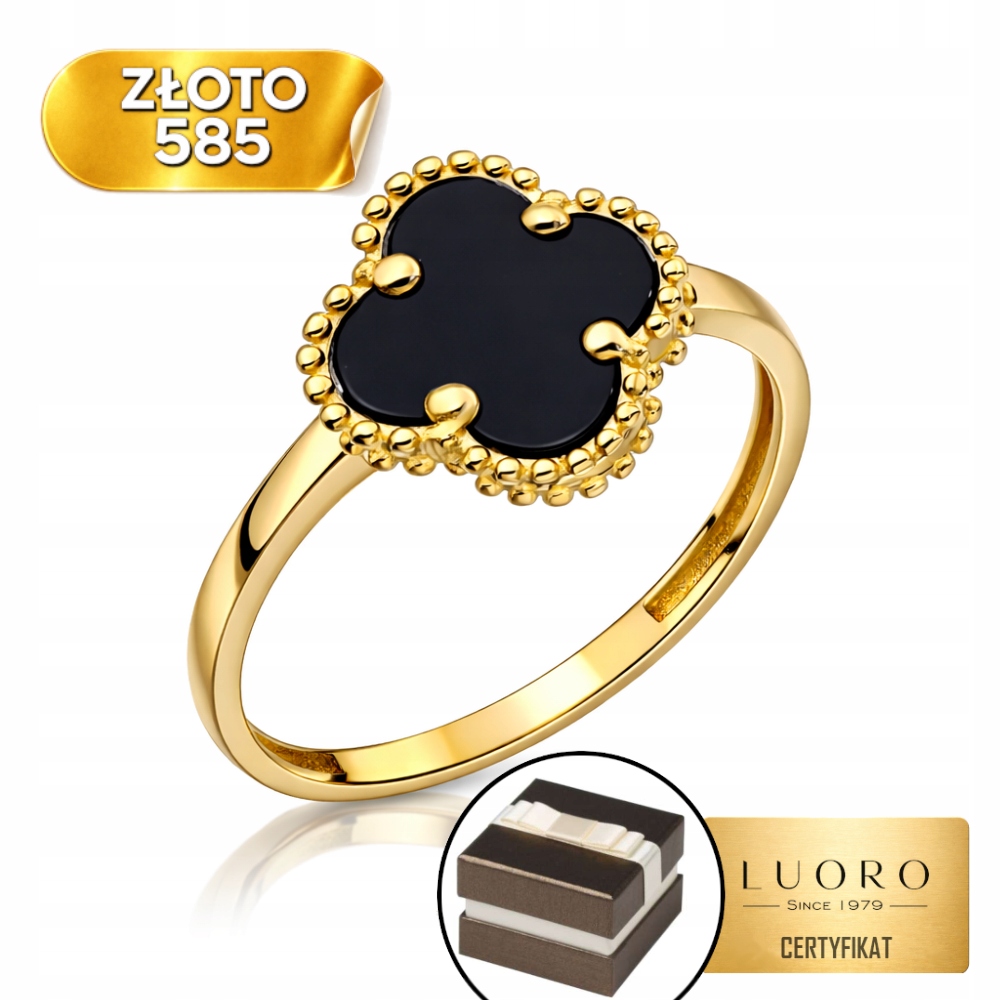 Prstýnek 585 14K Čtyřlístek S Černým Kamenem Elegantní R18
