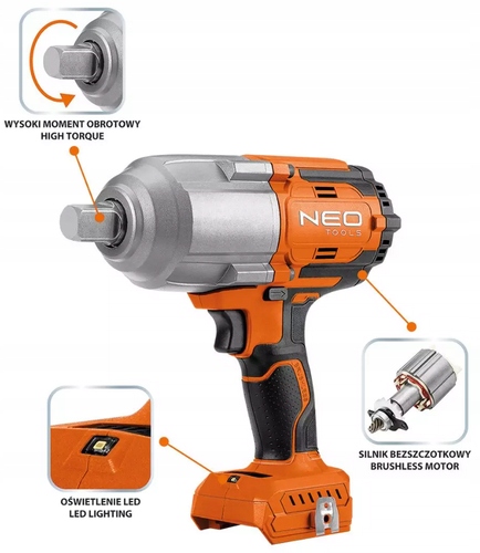 KLUCZ UDAROWY BEZSZCZOTKOWY 1/2" 1100Nm AKUMULATOROWY Energy+ 18V NEO Marka Neo Tools