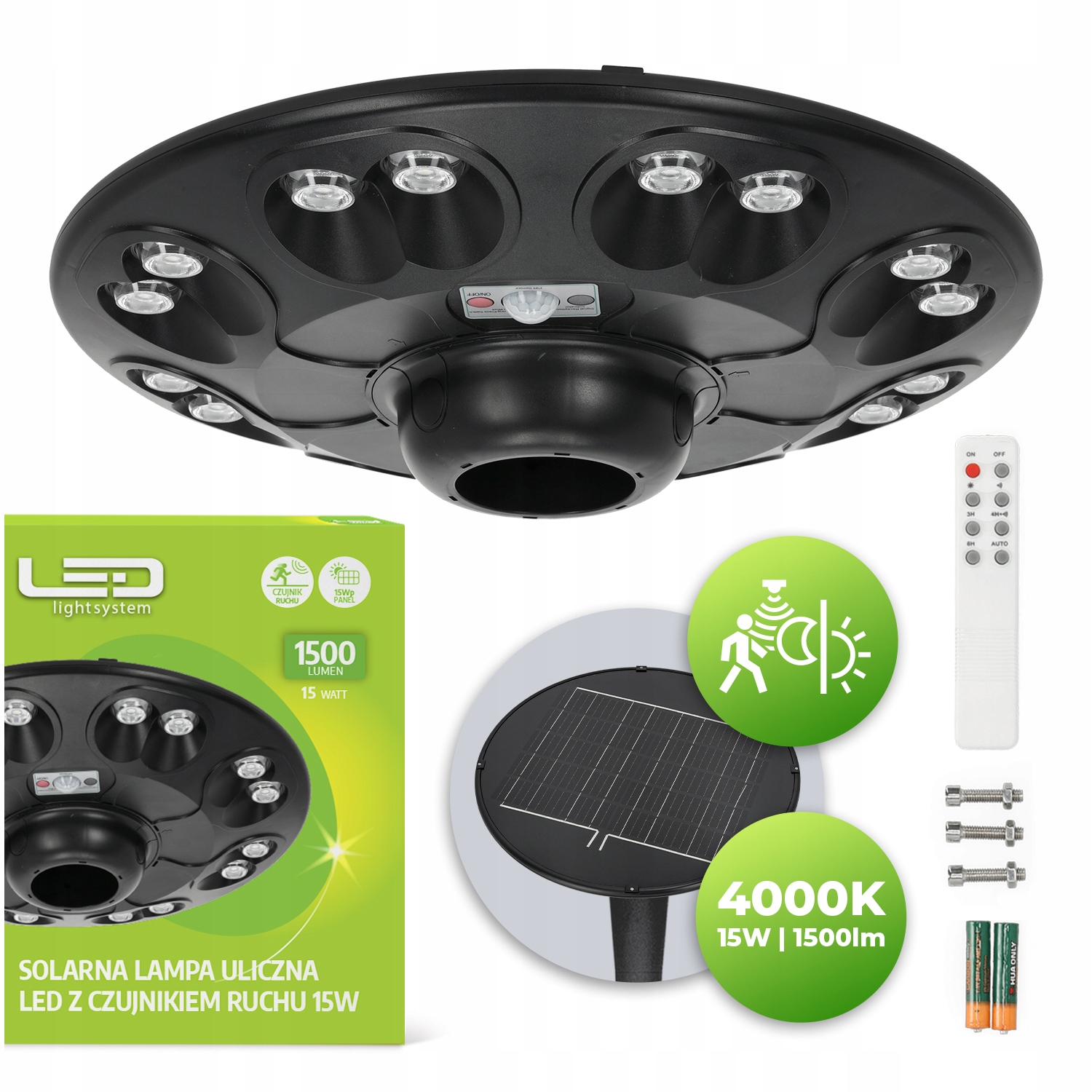 Solární zahradní pouliční lampa Ufo Led kulatá 15W IP54