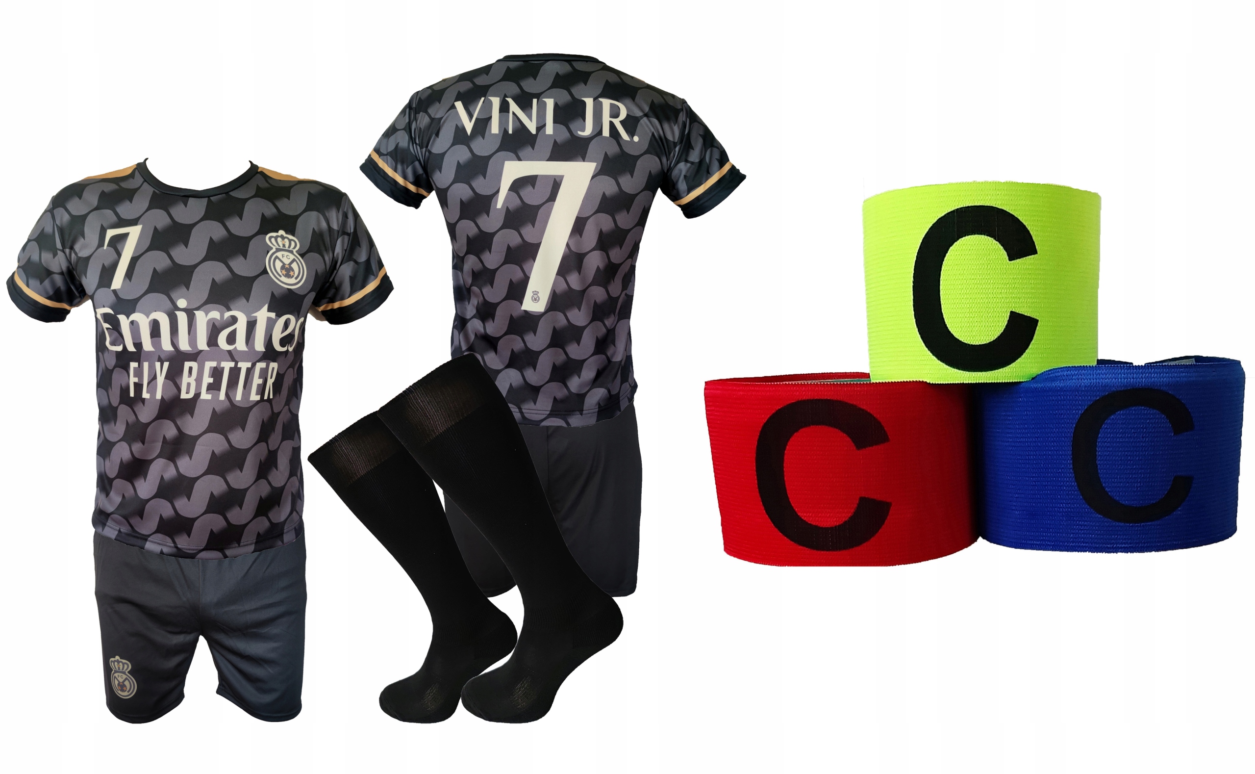 Sada fotbalového oblečení Vini Jr černá pro mladé fanoušky velikost 122