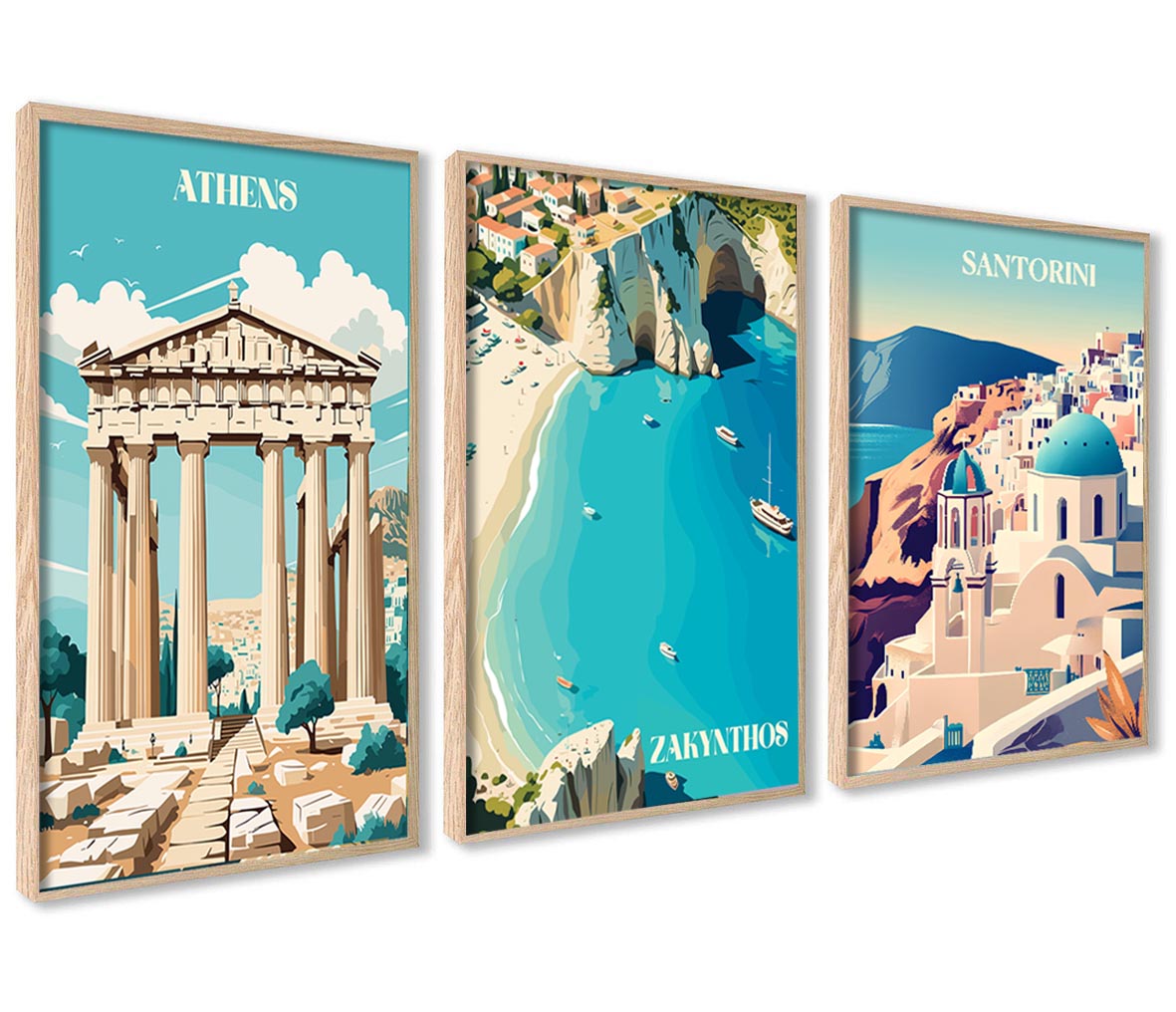 Sada plagátov Grécko Santorini Atény Zakynthos Cestovanie Obrazy v rámoch