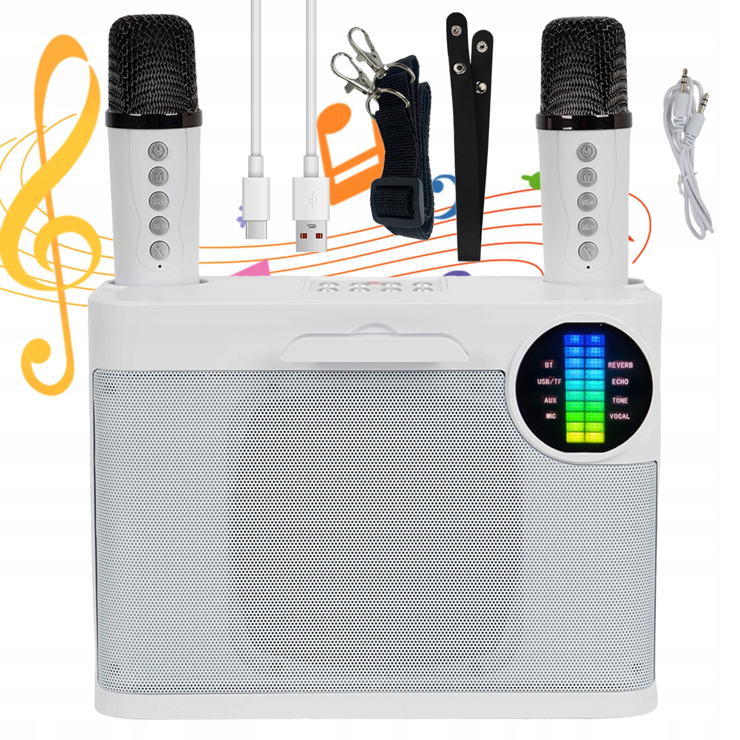 Přenosný Karaoke Rgb Led Reproduktor Se 2 Mikrofony Pro Večírky A Dárek