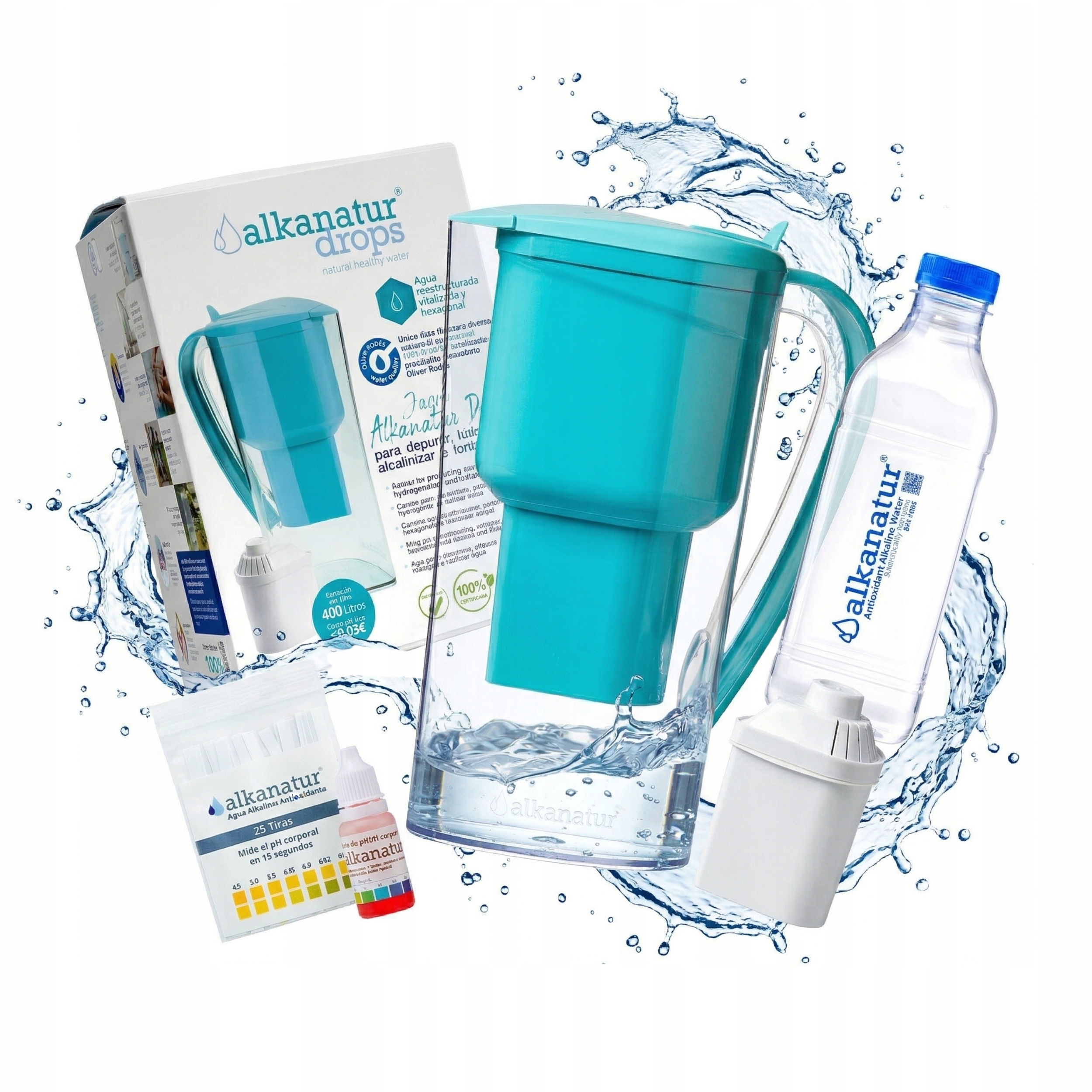 Alkanatur Drops Filtračná kanvica Alkalická 1,4L Tyrkysová pH 9,5