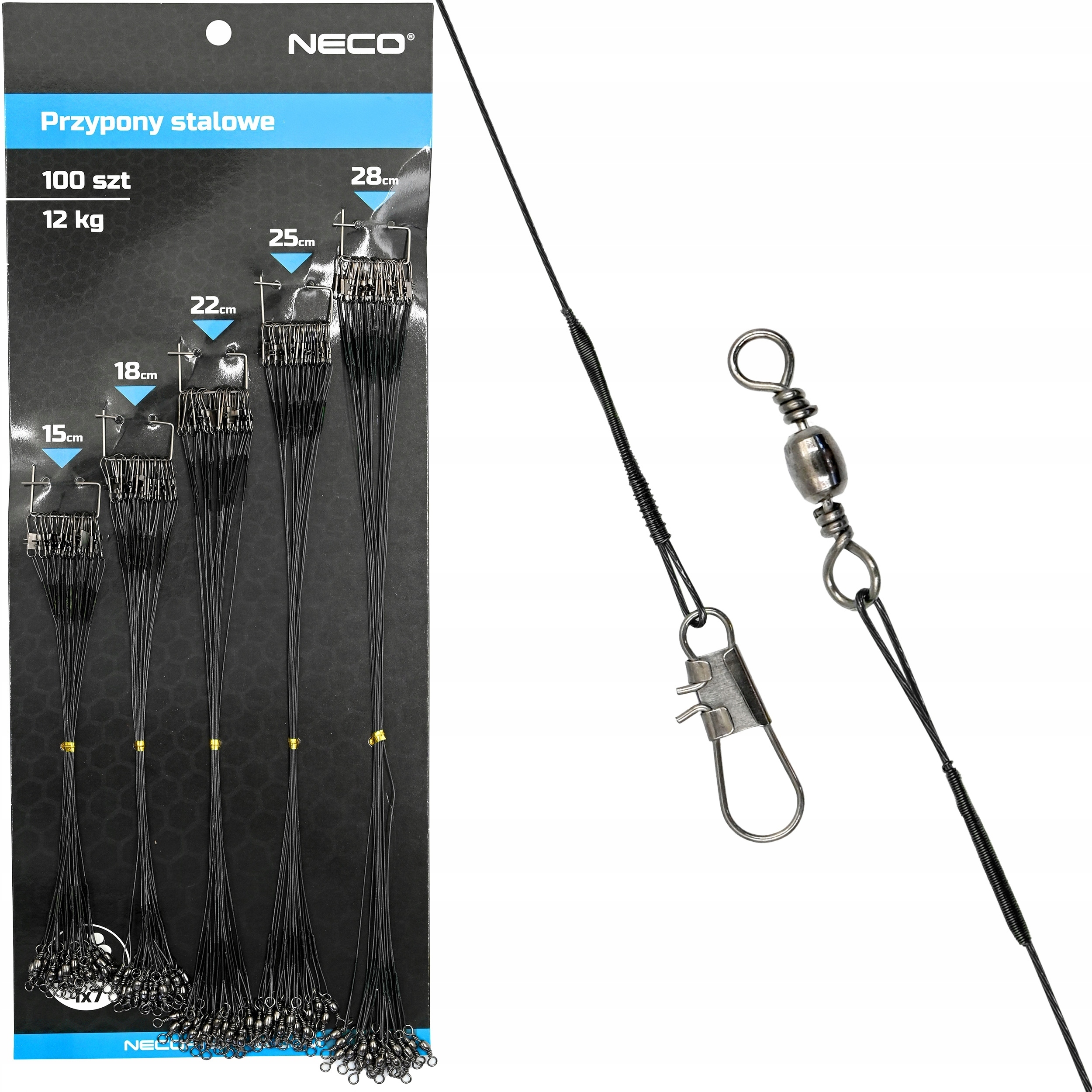 100szt Przypony Stalowe stalki szczupak 12kg 5 rozmiarów 15-28cm czarne