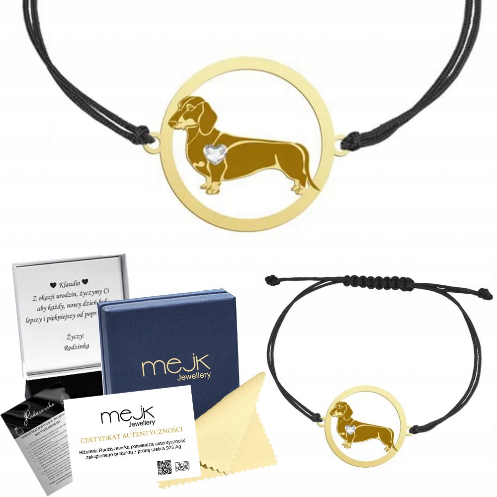 Zlatý náramek Jezevčík krátkosrstý 925 Šperky Dárek Šňůrka Gravírování