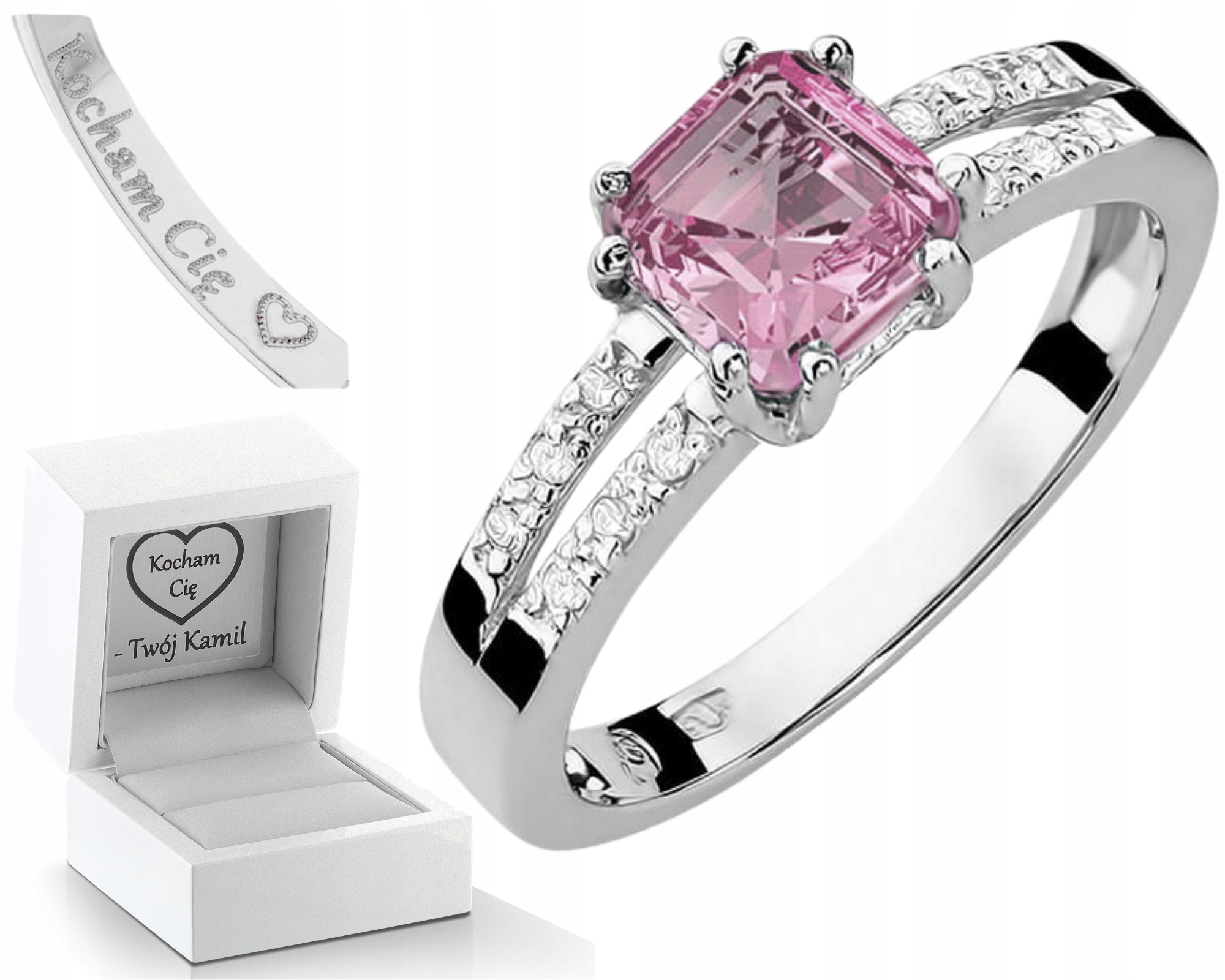 Zásnubní Prstýnek Z Bílého Zlata S Růžovým Topazem S Gravírování Diamanty 585