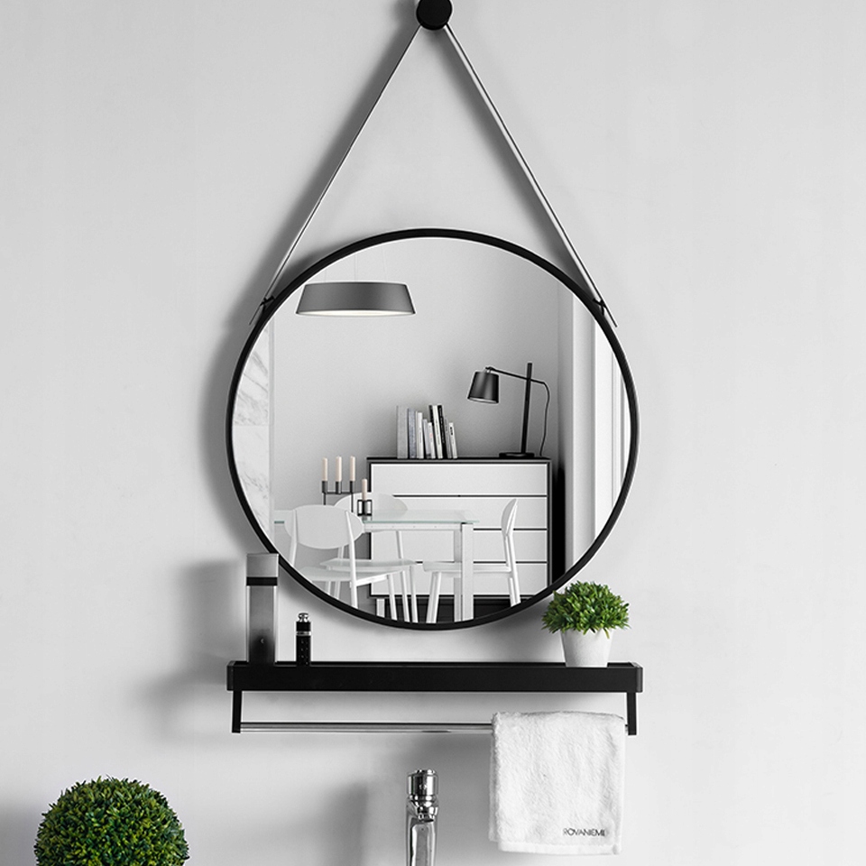 STYLOWE LUSTRO WISZĄCE NA PASKU OKRĄGŁE ŁAZIENKOWE SALON LOFT CZARNE 60CM Szerokość 600 mm